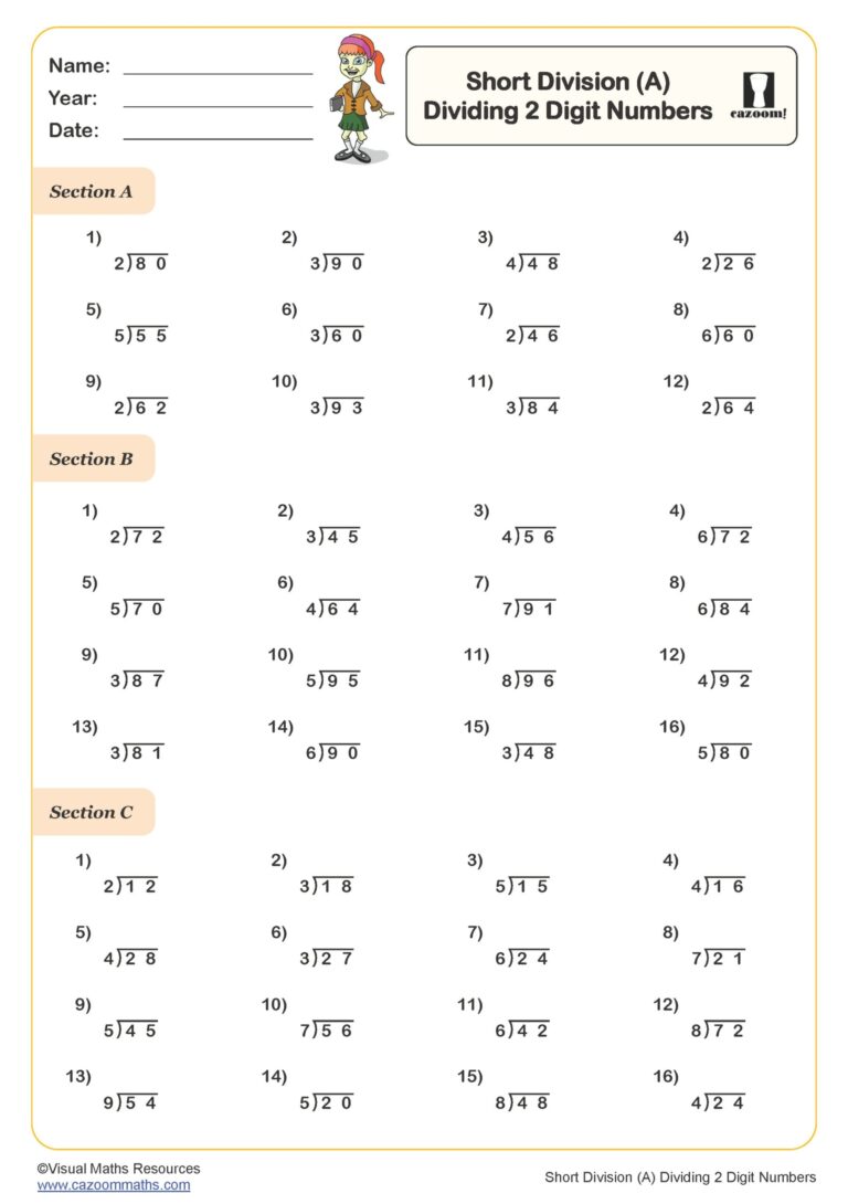 Short Division A Dividing 2 Digit Numbers Worksheet Key Stage Worksheets Library