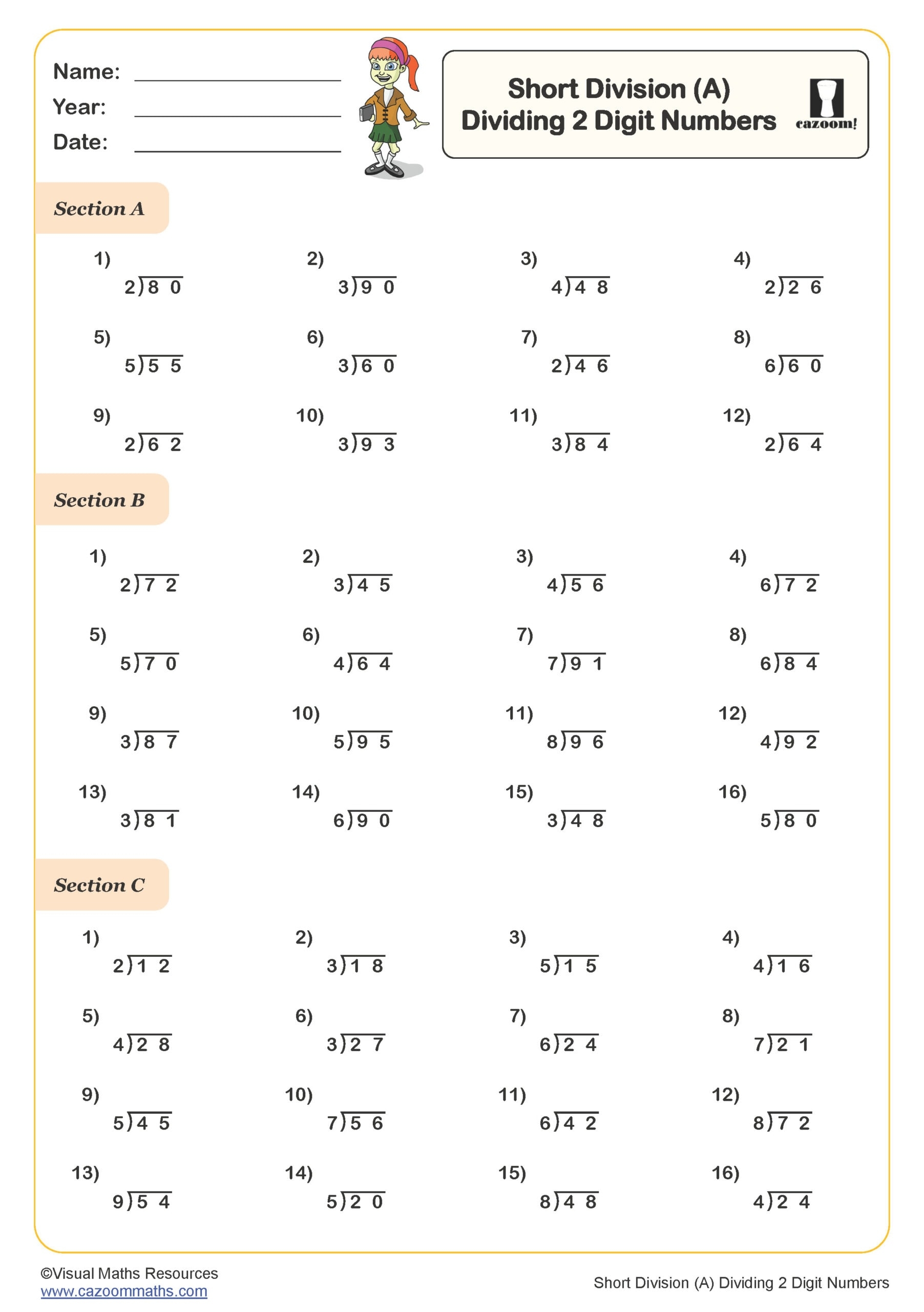 Short Division A Dividing 2 Digit Numbers Worksheet Key Stage Worksheets Library