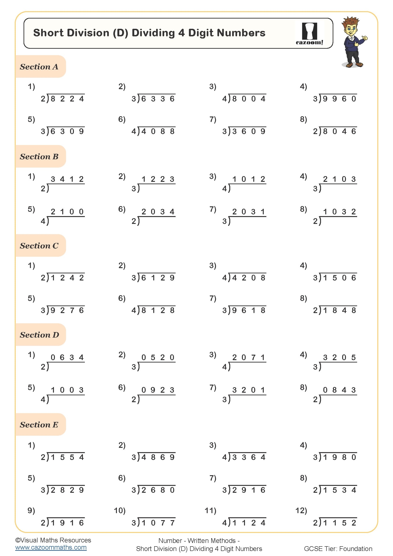 Short Division D Dividing 4 Digit Numbers Worksheet Key Stage Worksheets Library