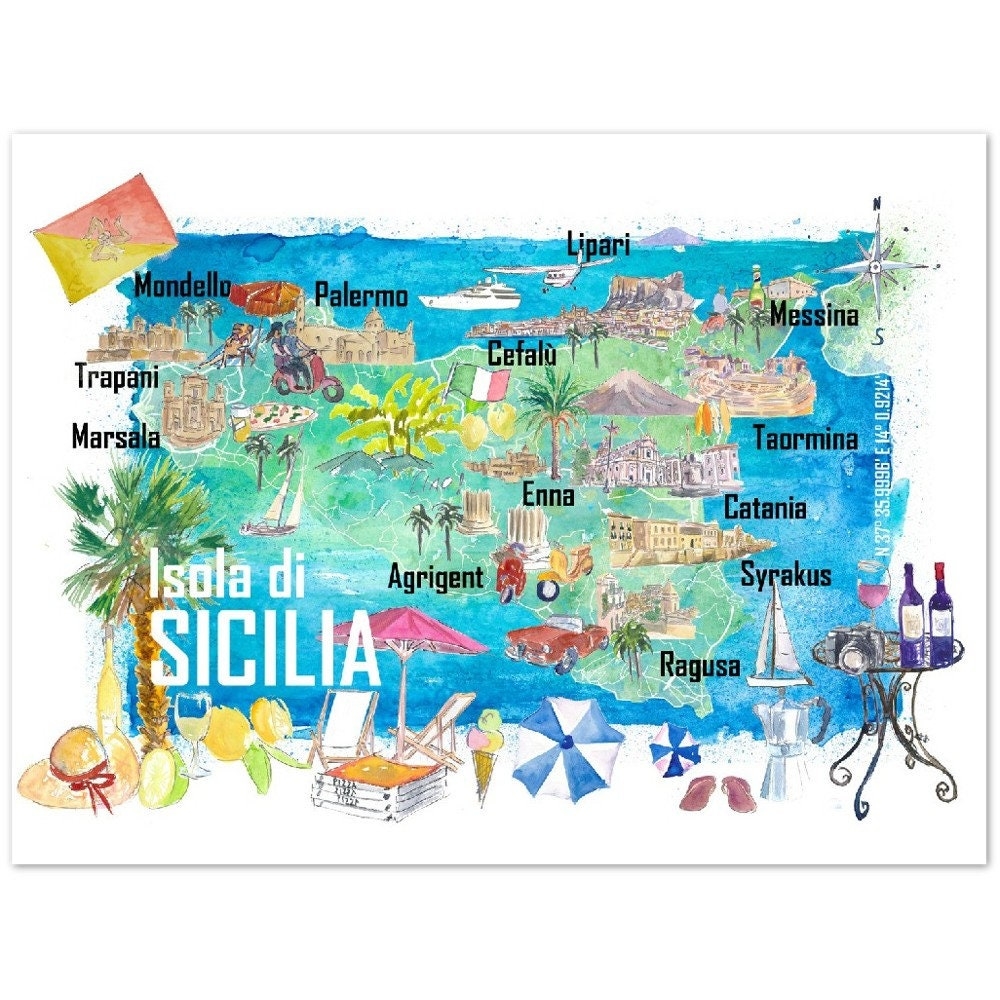 Sicily Italy Illustrated Travel Map With Roads And Tourist Highlights Etsy