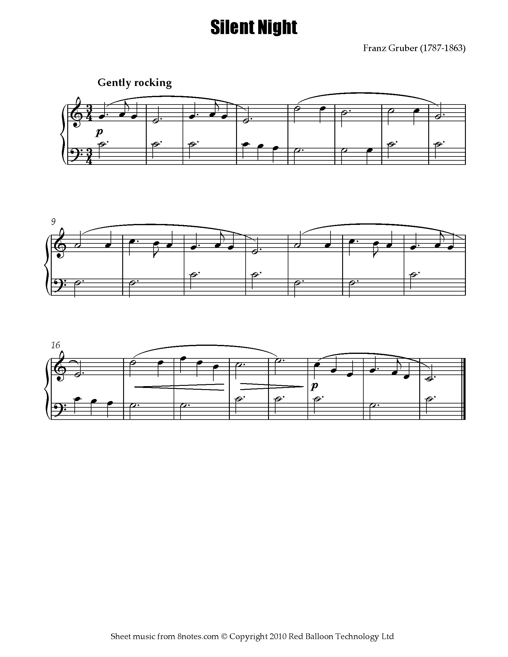 Silent Night easy For Piano Free Sheet Music For Piano 8notes