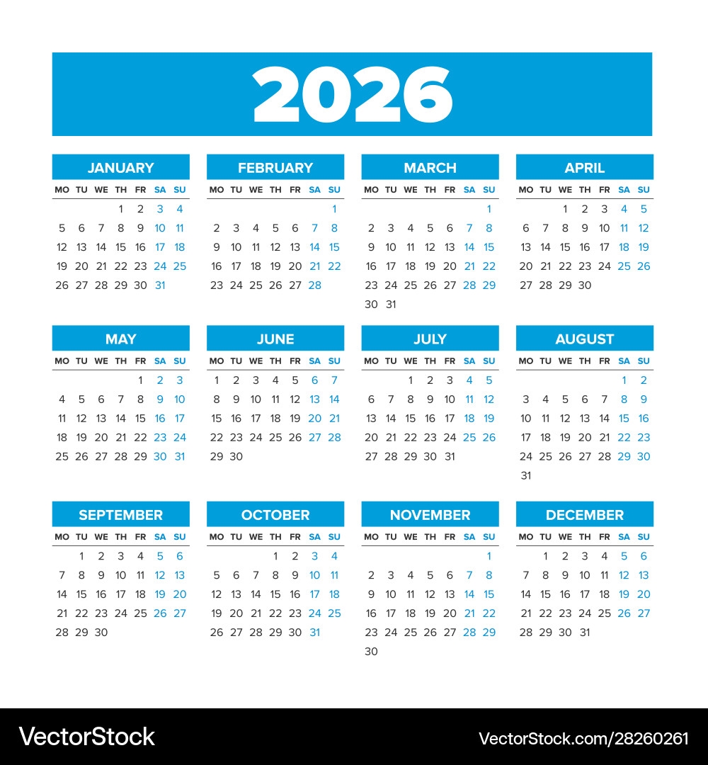 Simple Calendar 2026 Weeks Start On Monday Vector Image