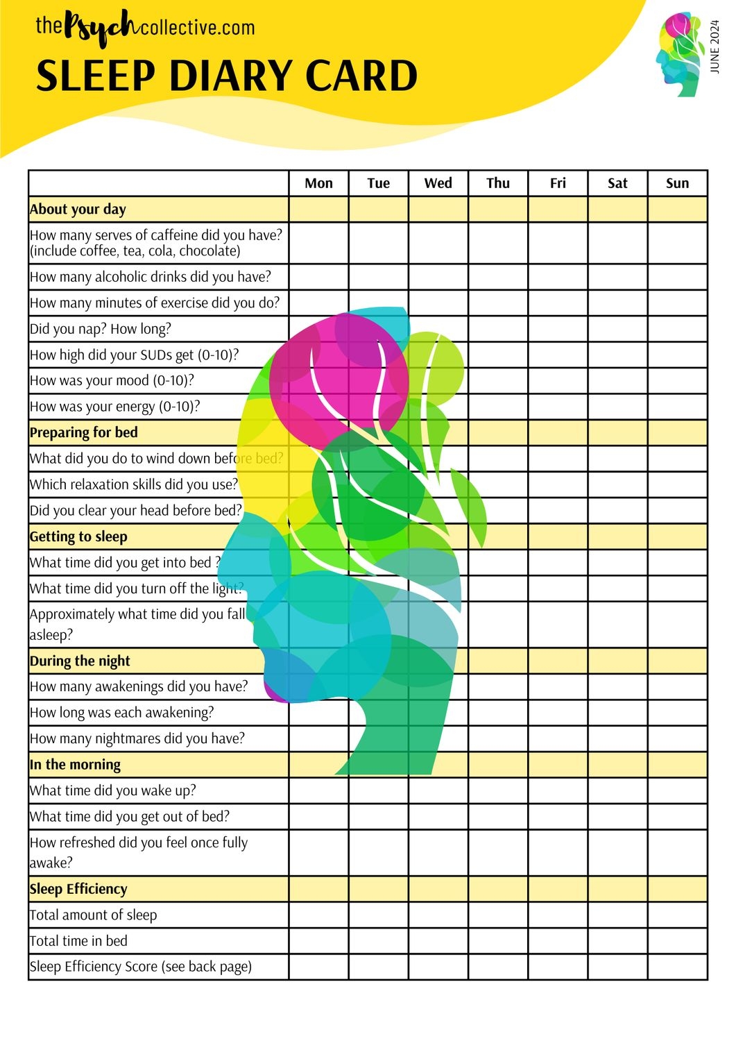 Sleep Diary Card Sleep Resources