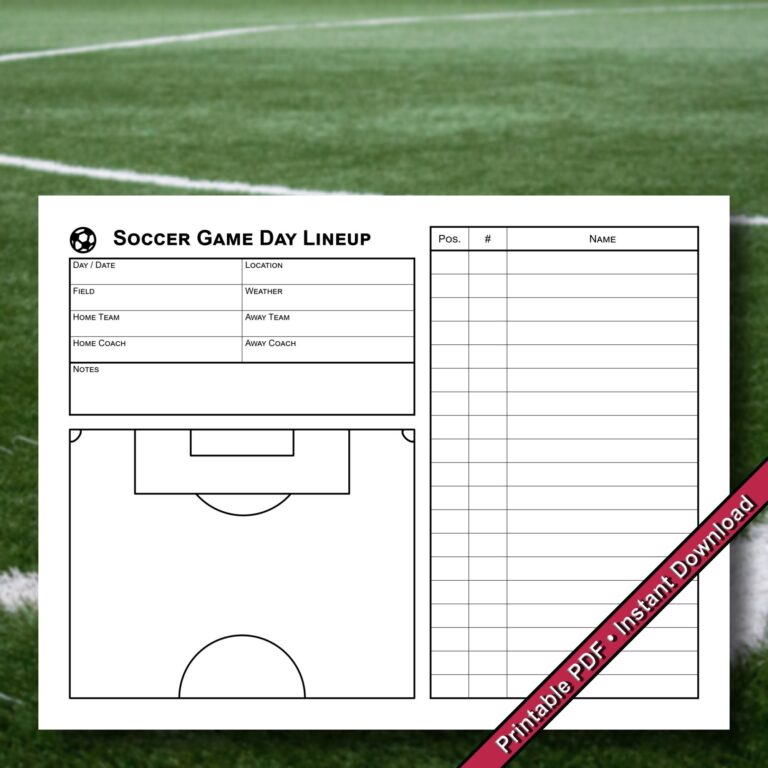 Soccer Game Day Lineup Form Printable PDF Instant Digital Download Etsy