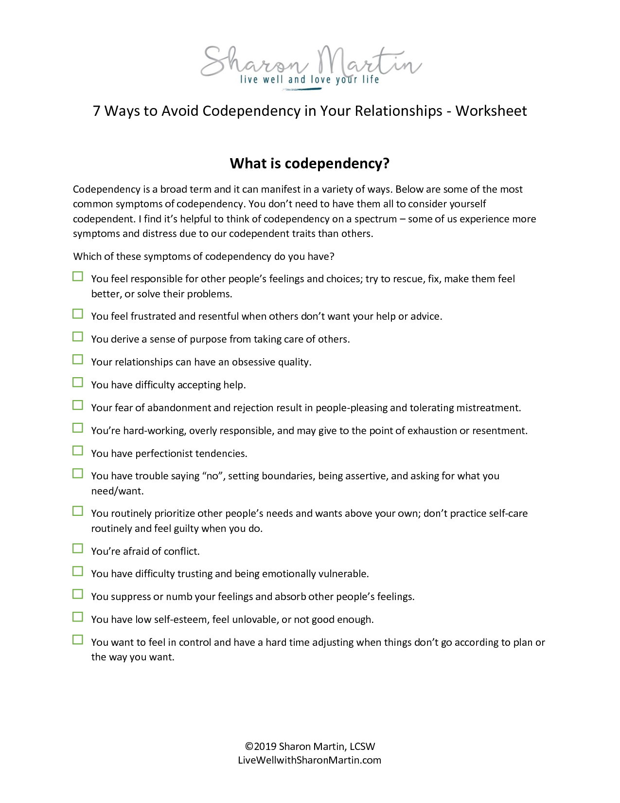 Printable Codependency Worksheets Pdf