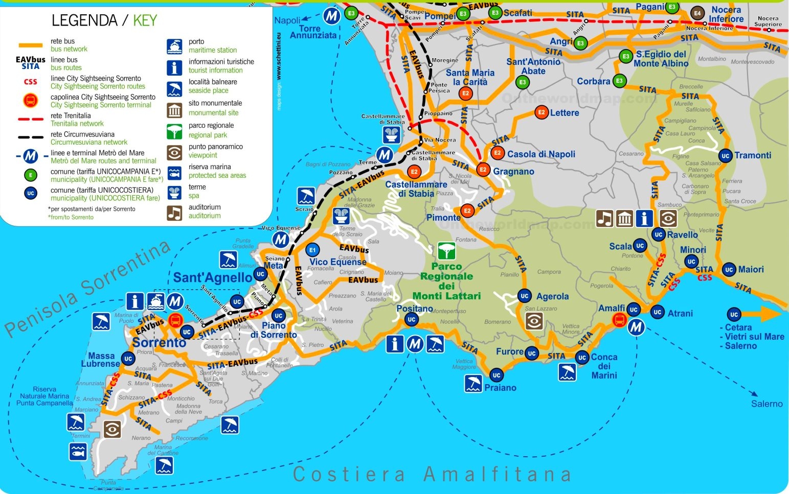 Sorrento And Amalfi Coast Map Ontheworldmap Sorrento And Amalfi Coast Map Ontheworldmap
