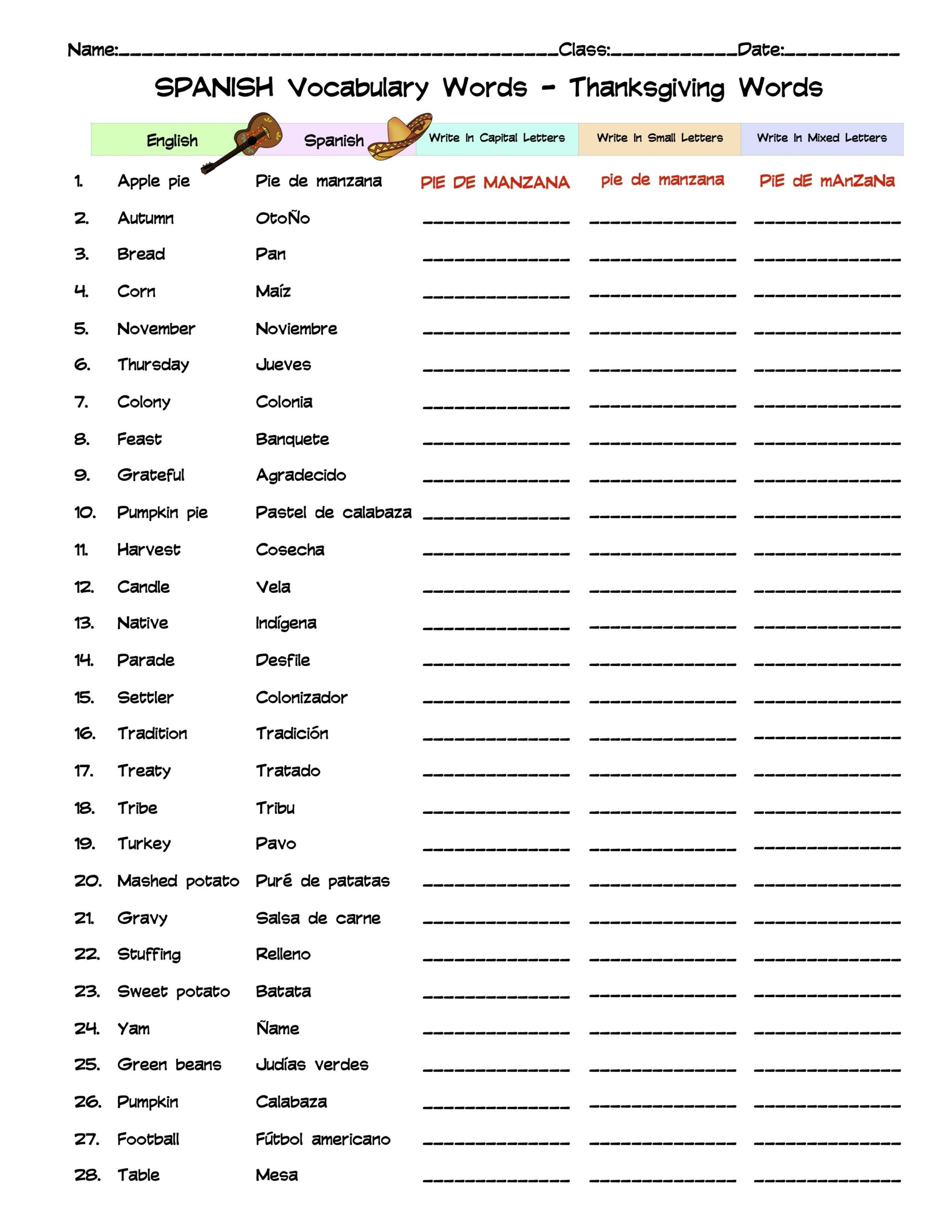 Spanish Thanksgiving Vocabulary Word List Column Worksheet Made By Teachers