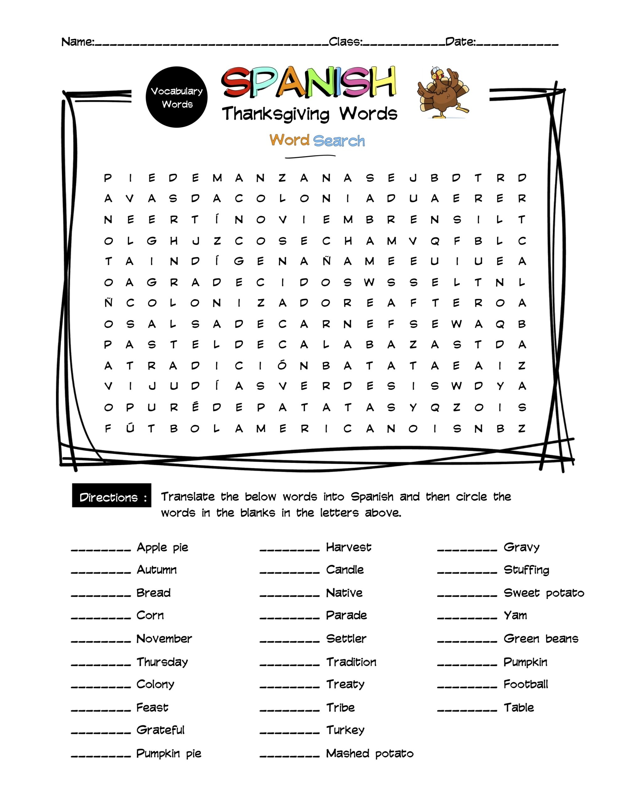 Spanish Thanksgiving Vocabulary Word Search Answer Key Made By Teachers