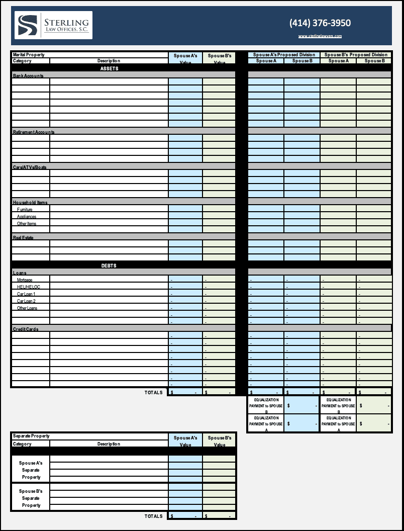 Splitting Assets Worksheet For Divorce In Wisconsin Sterling Lawyers LLC