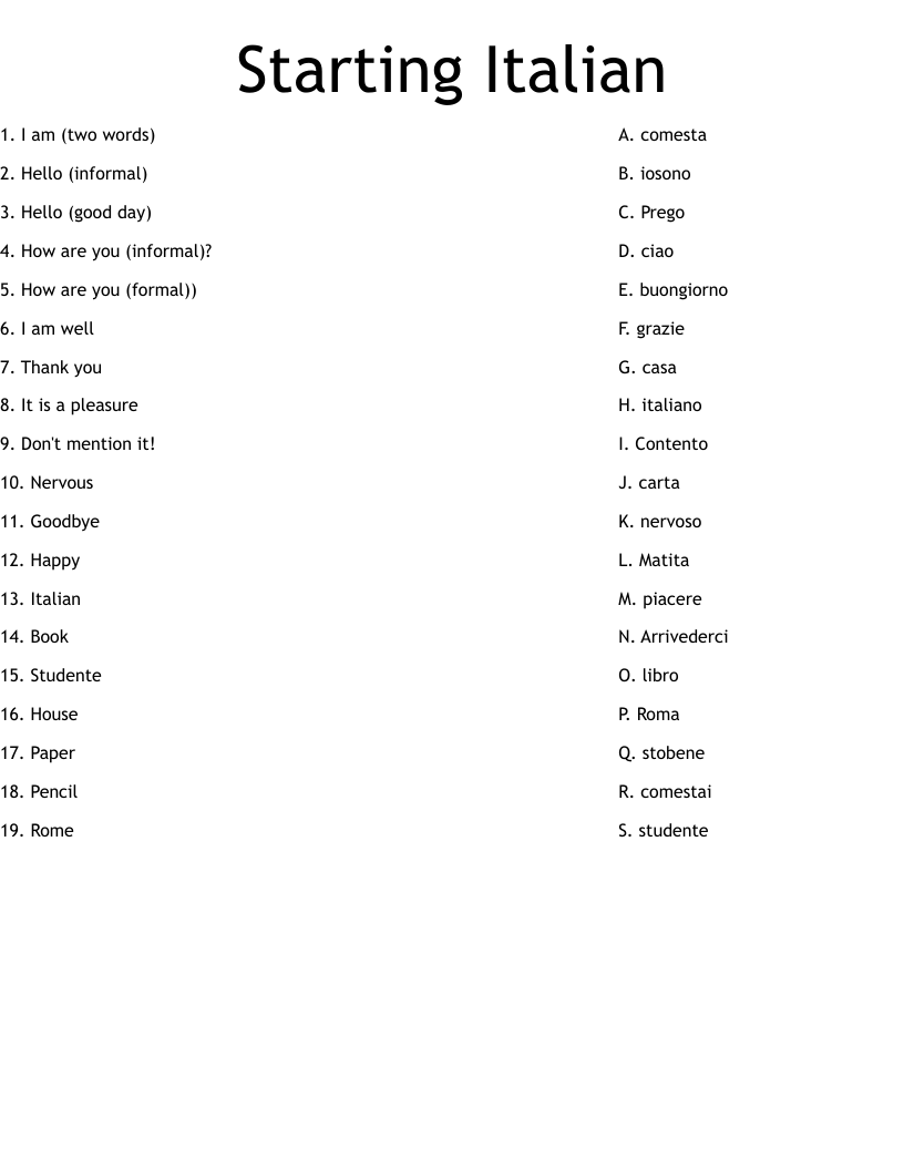 Starting Italian Worksheet WordMint