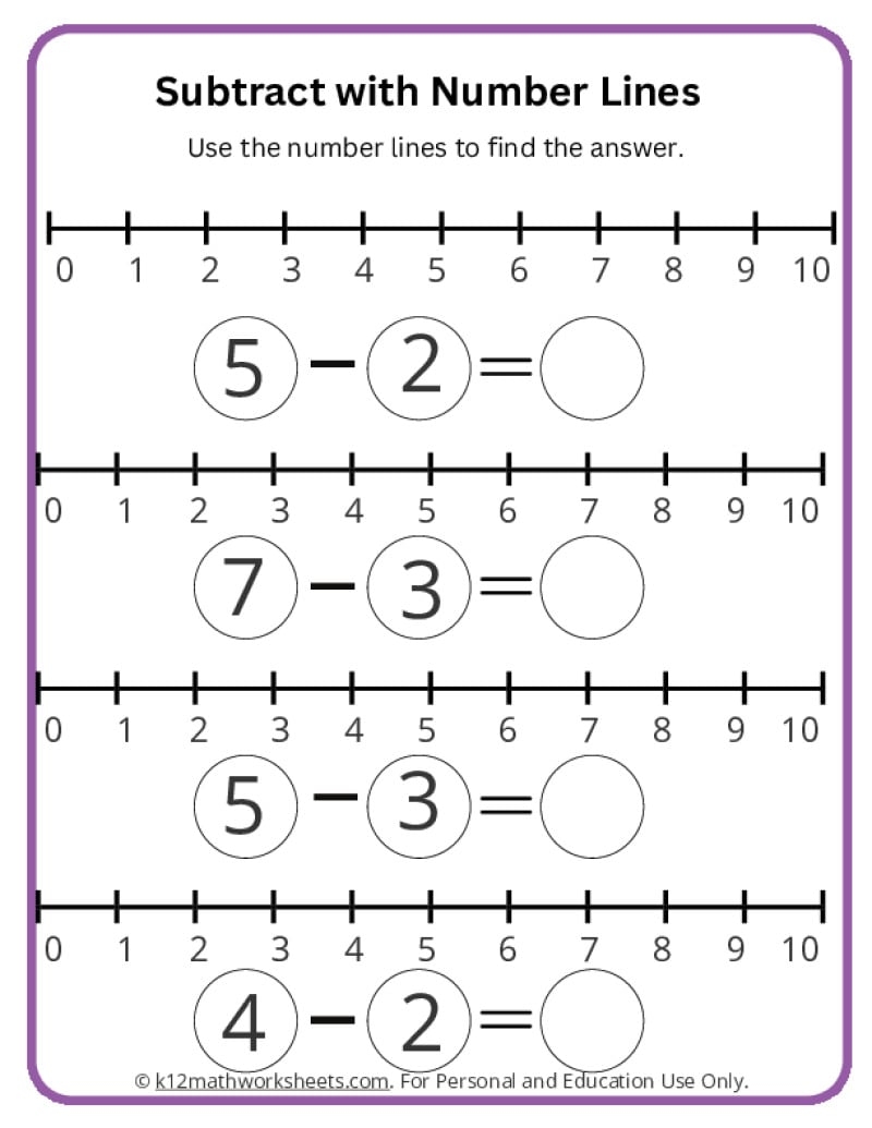 Subtract With Number Lines K12 Math Worksheets