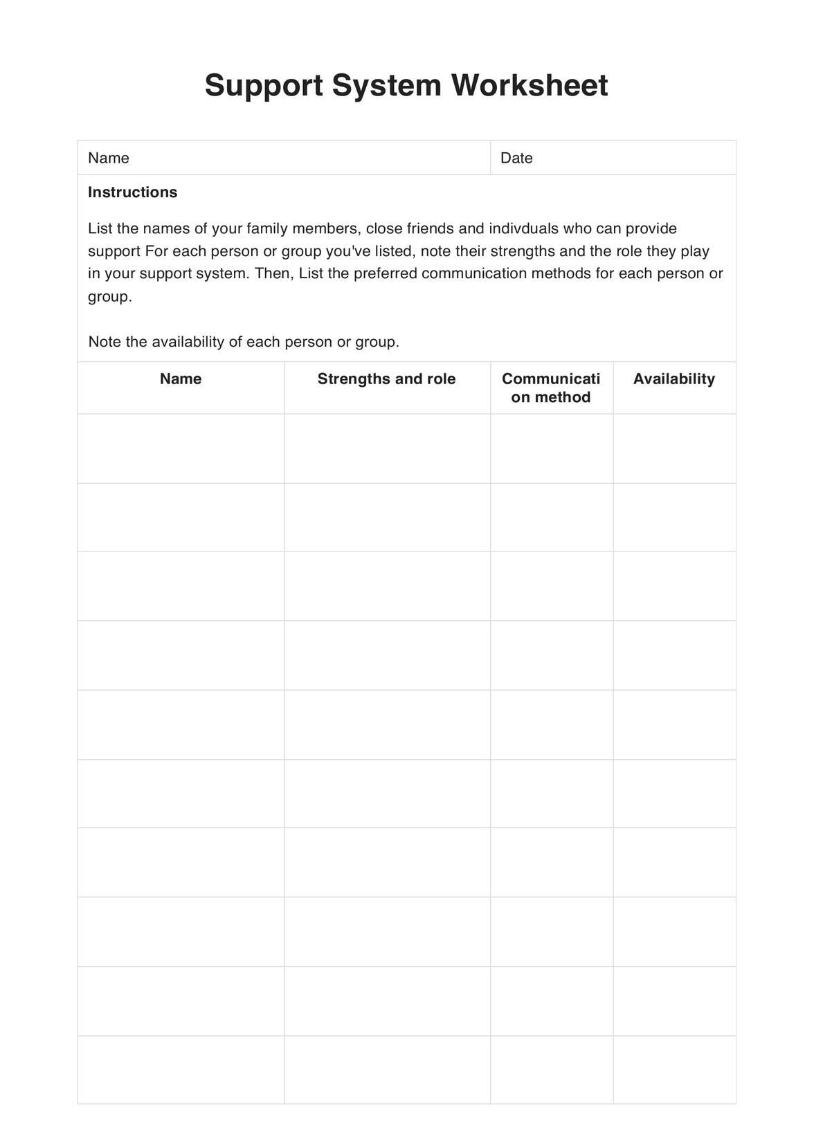 Support System Worksheets