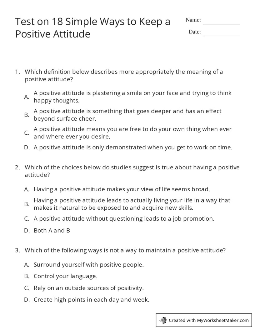 Test On 18 Simple Ways To Keep A Positive Attitude My Worksheet Maker Create Your Own Worksheets Test On 18 Simple Ways To Keep A Positive Attitude My Worksheet Maker Create Your Own Worksheets