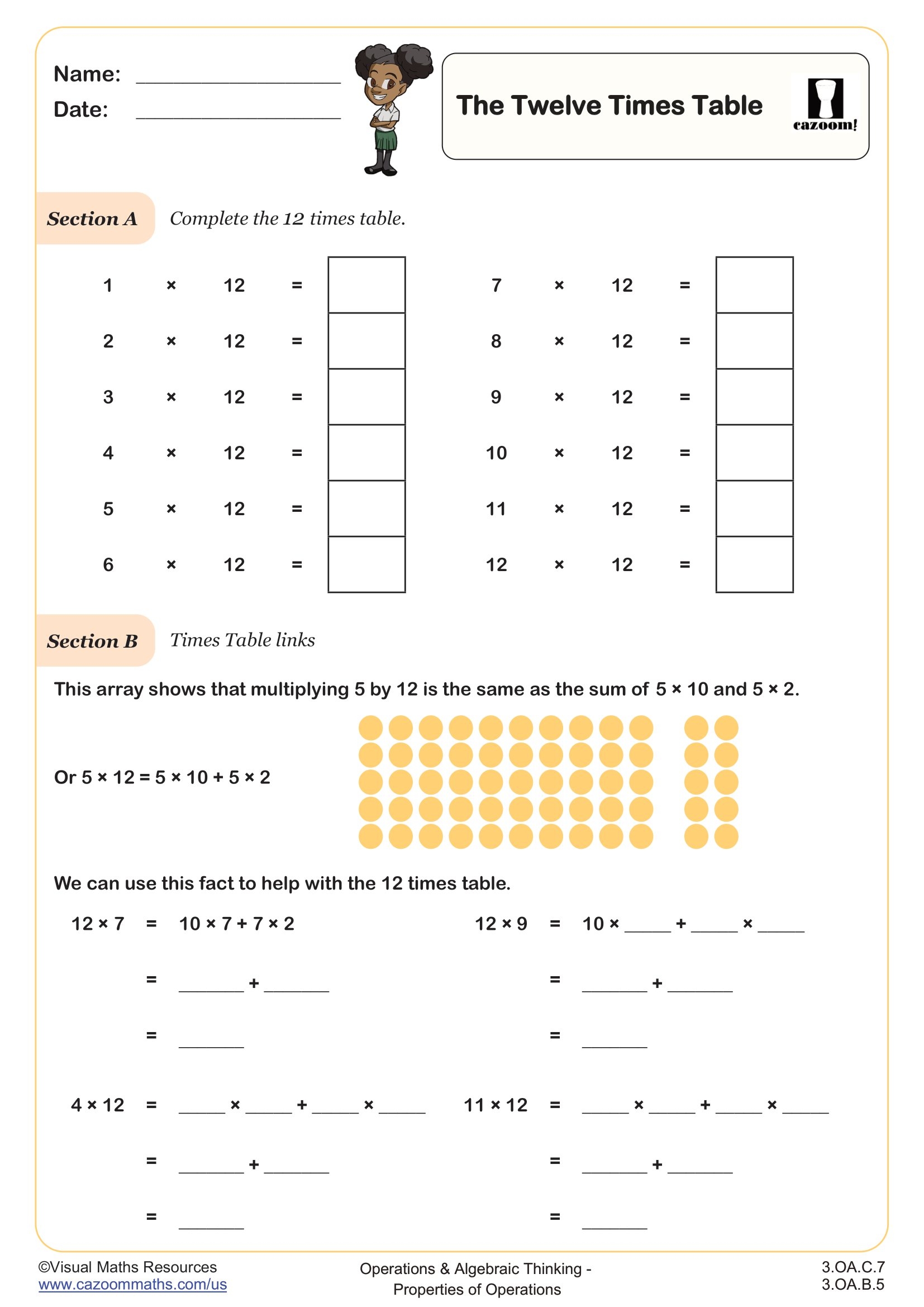 Printable 12 Times Table Worksheet