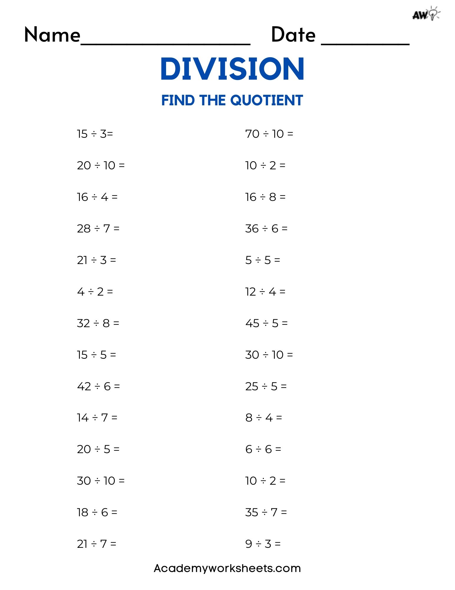 The Best Short Division Worksheets Facts 1 10 Academy Worksheets Worksheets Library