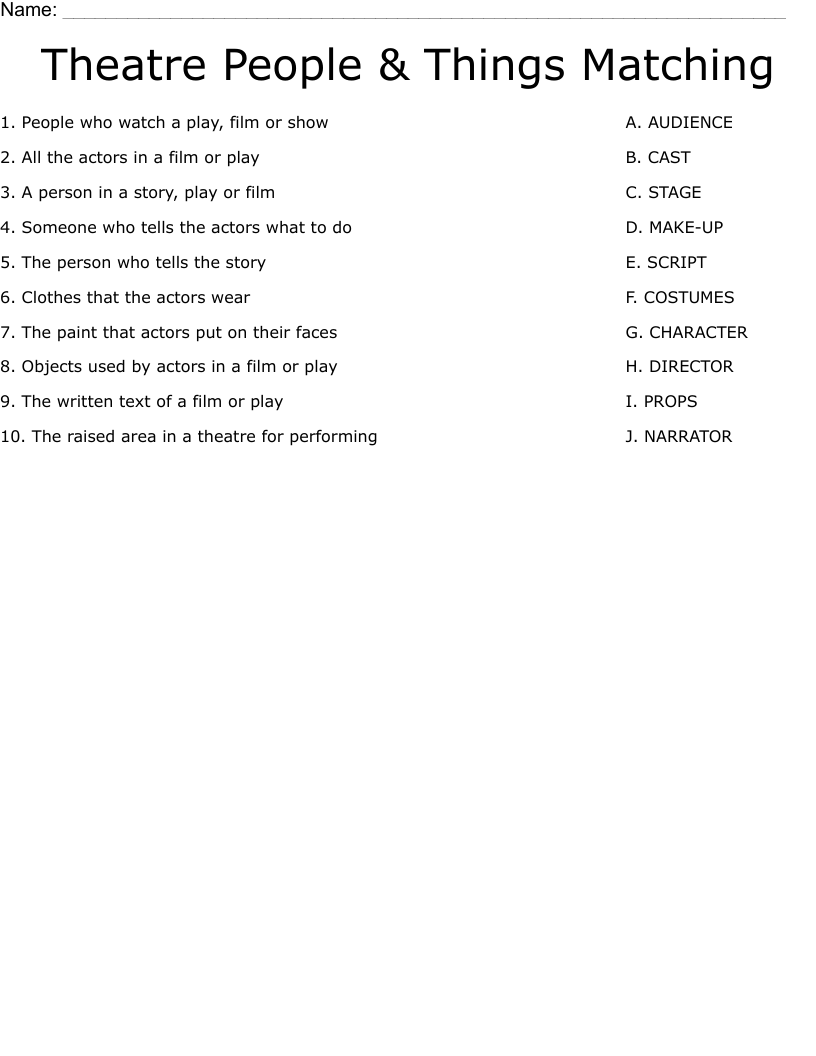 Theatre People Things Matching Worksheet WordMint Theatre People Things Matching Worksheet WordMint