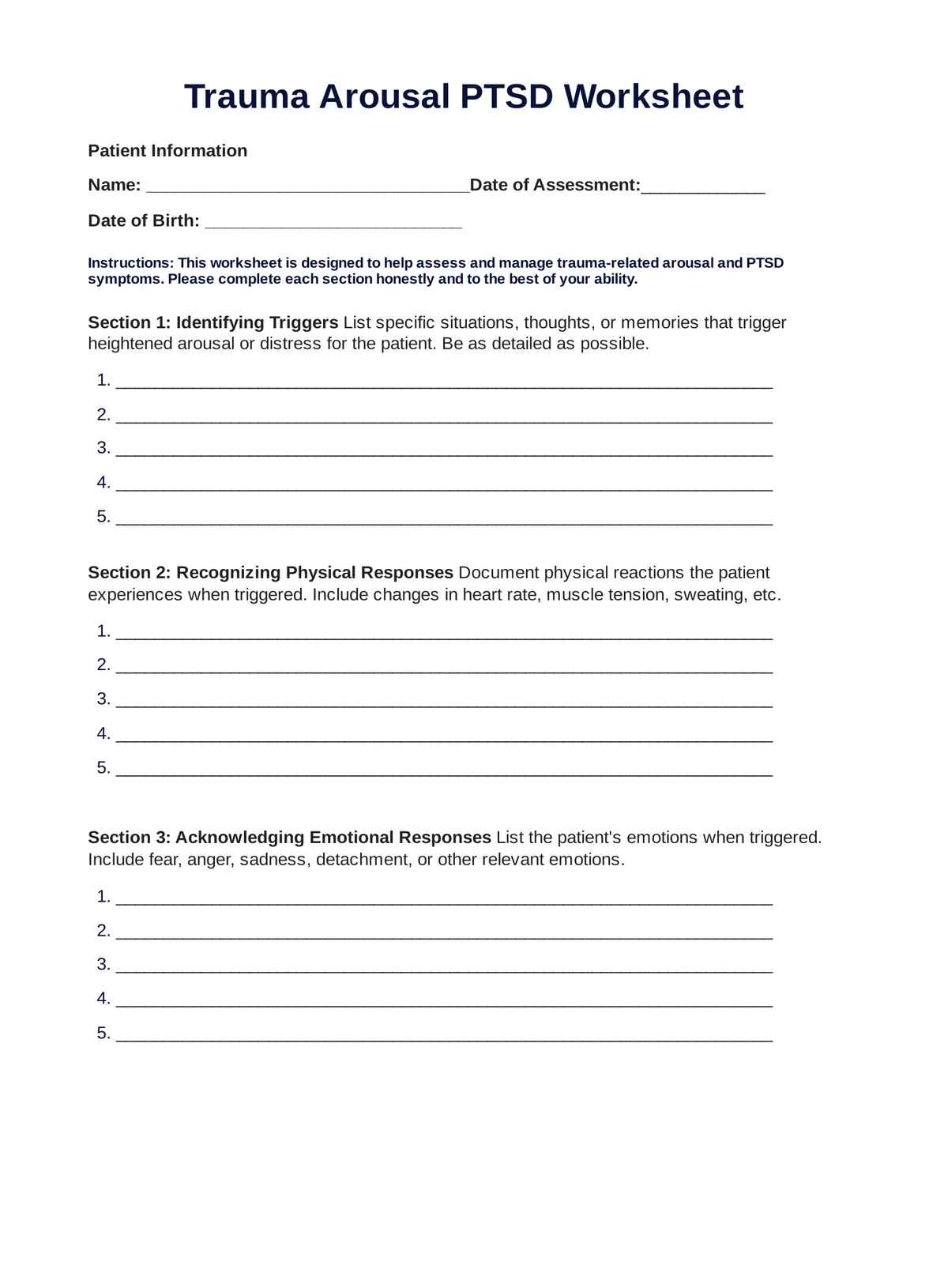 Trauma Arousal PTSD Worksheet U0026 Example Free PDF Download