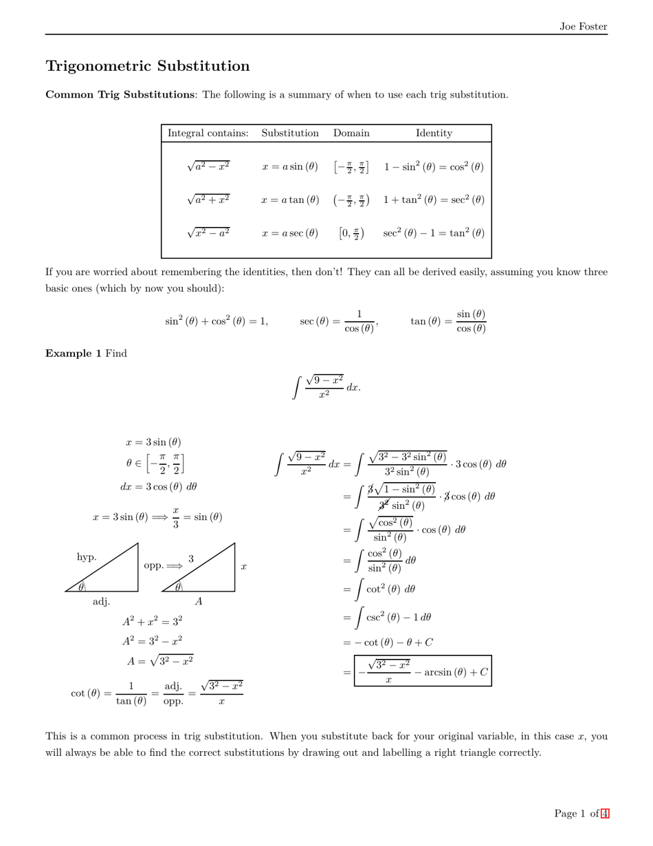 Trigonometric Substitution Cheat Sheet Download Printable PDF Templateroller