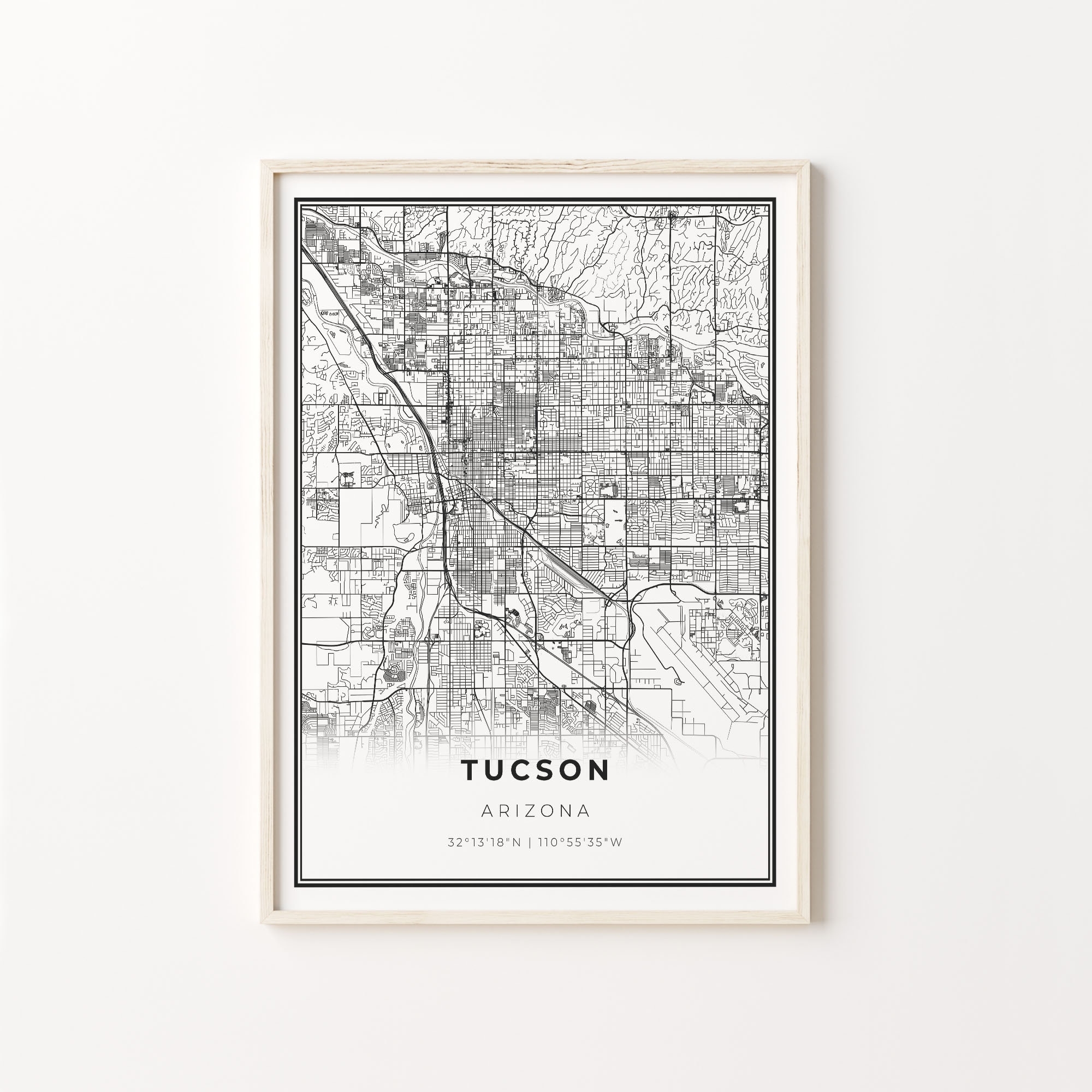 Tucson Arizona Map Art Print Modern Black And White Wall Decor Etsy