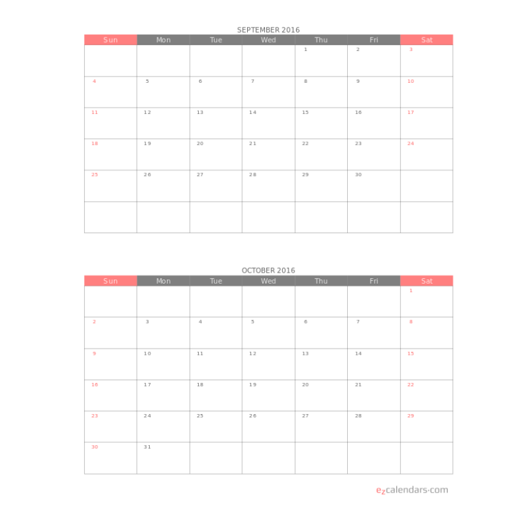 Two Months Per Page Printable Calendar EzCalendars