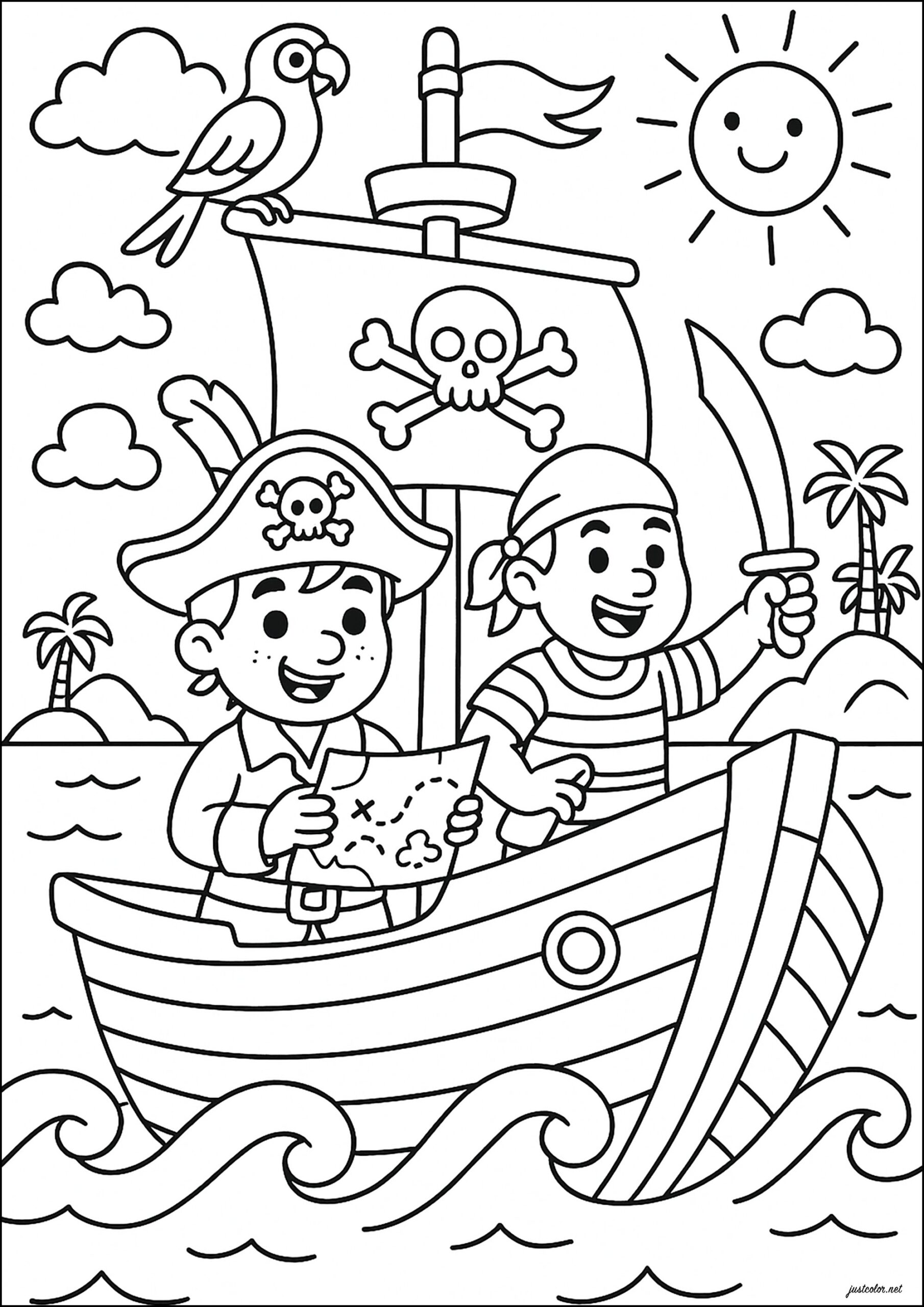 Two Young Pirates In Search Of Treasure Pirate Coloring Pages