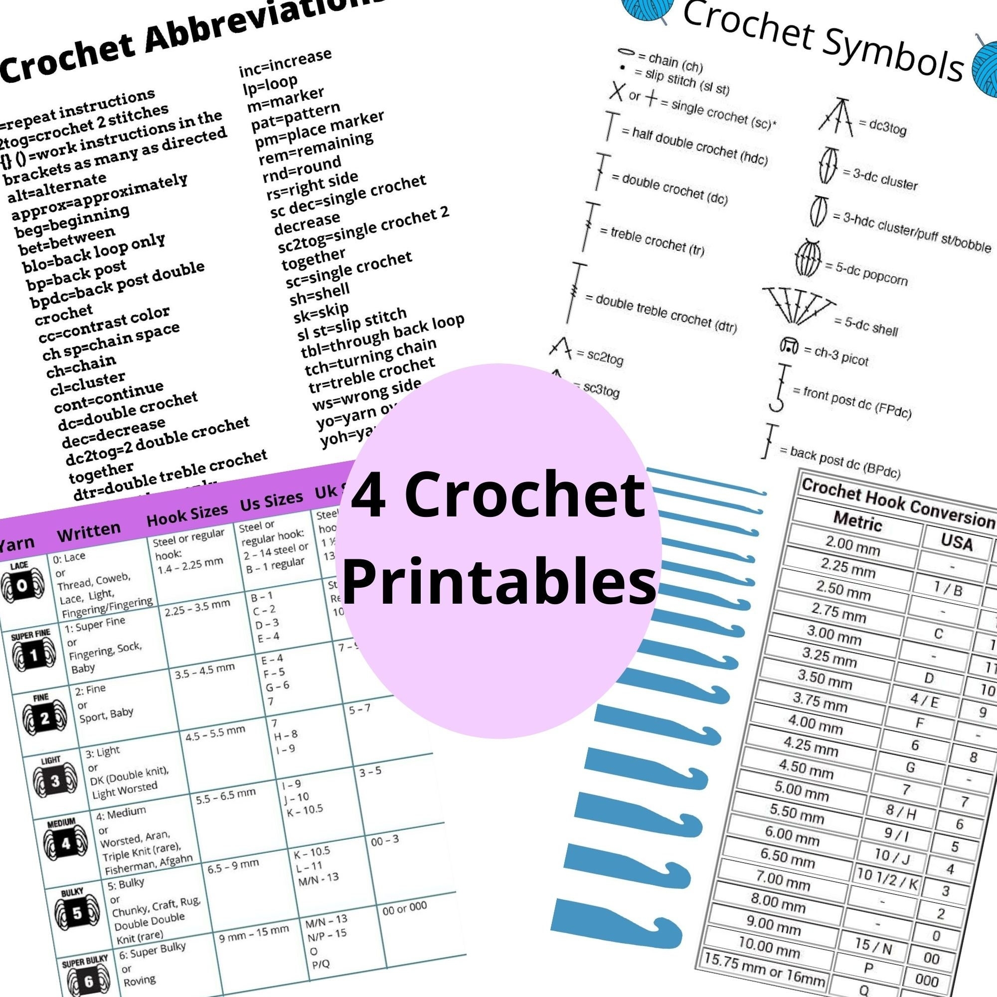 Ultimate Printable Crochet Charts Guide Hook Sizes Stitches Abbreviations Instant Download PDF Etsy