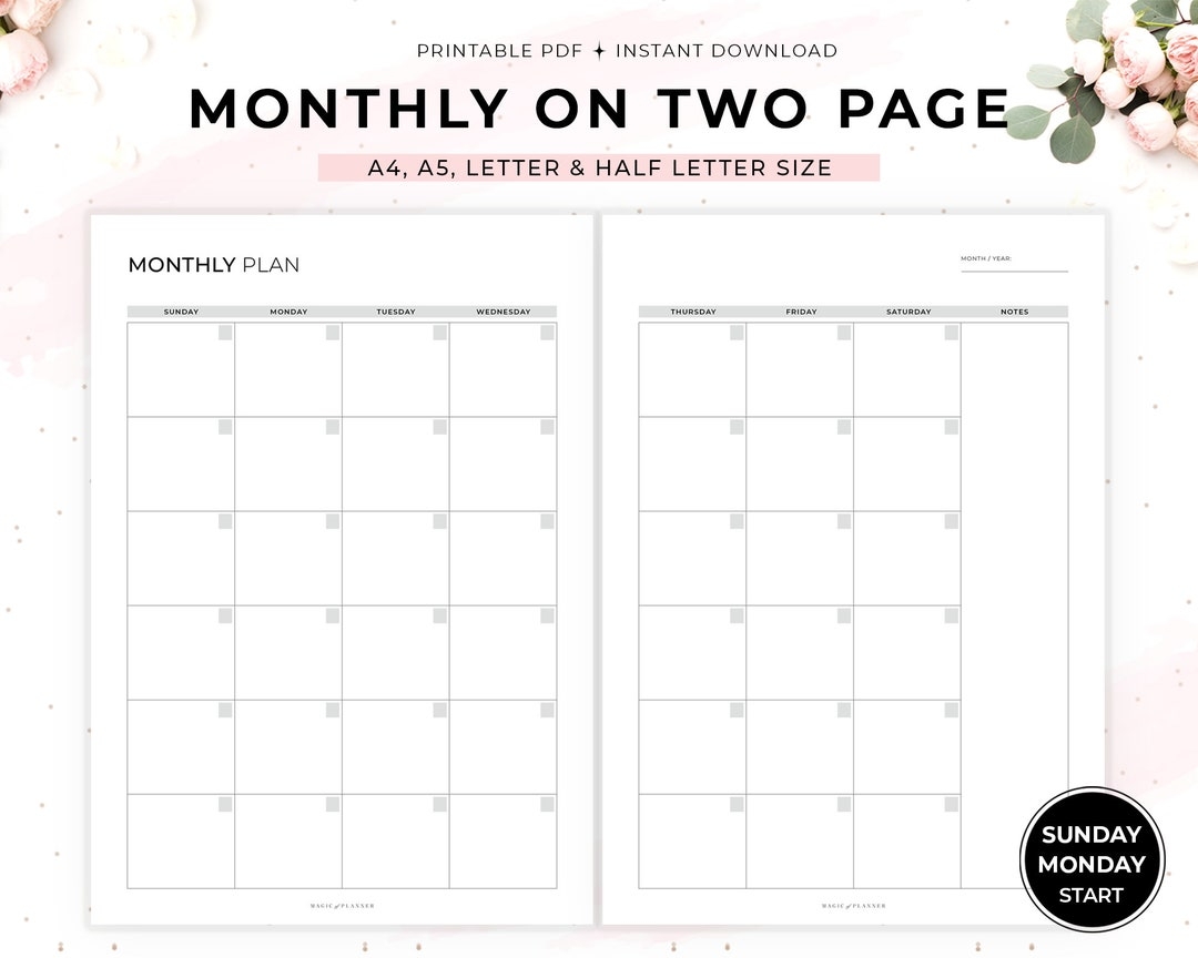 Undated Monthly Planner Printable Month On Two Pages Monthly Calendar Inserts Sunday Monday Start A4 A5 Letter Half Letter Size Etsy