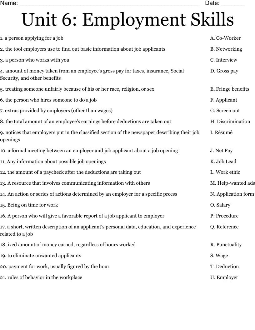 Unit 6 Employment Skills Worksheet WordMint Worksheets Library Unit 6 Employment Skills Worksheet WordMint Worksheets Library