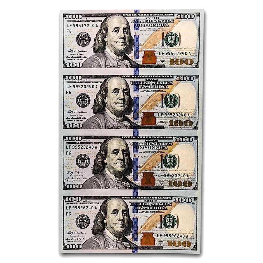 US 100 Dollar Bill Four Note Sheet Uncut Currency 2009 UNC EBay Worksheets Library