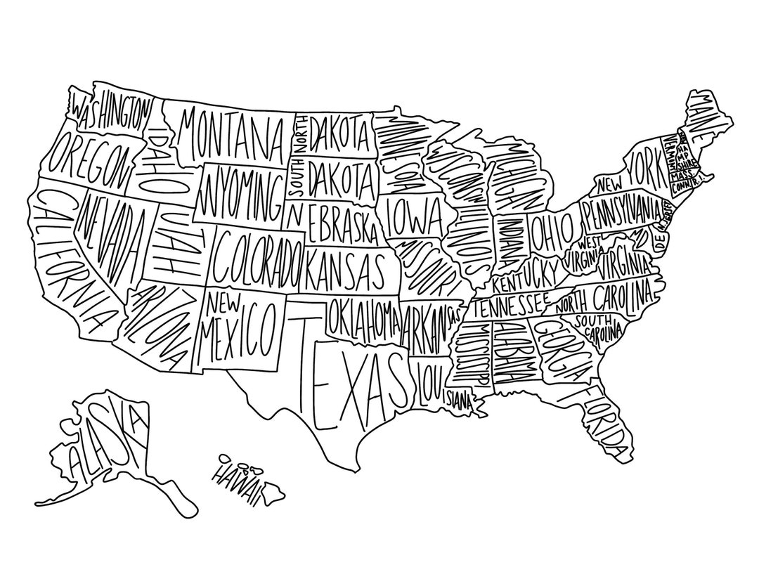 USA State Map Coloring Page United States Geography digital Download Etsy Israel