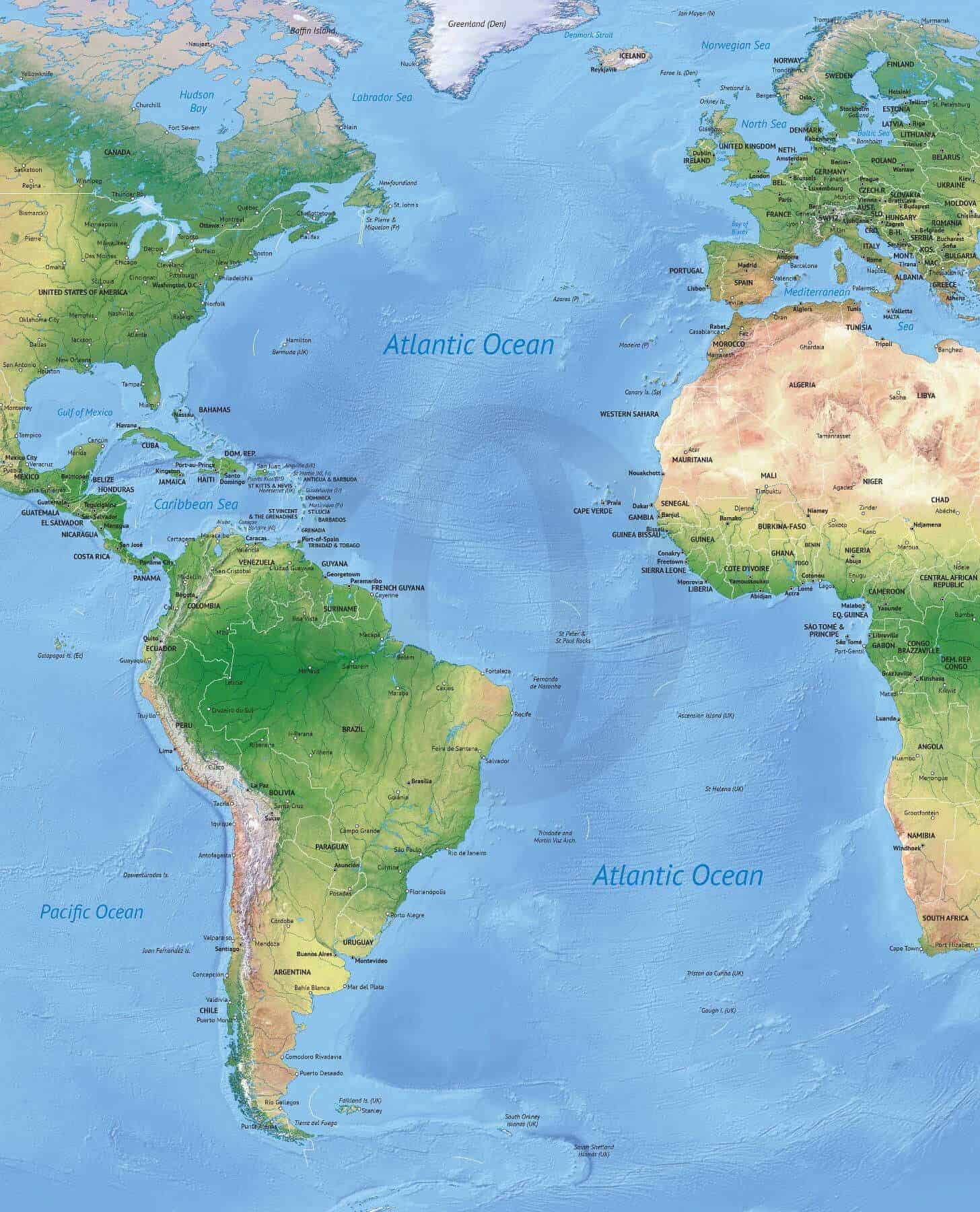 Vector Map Of The Atlantic Ocean Political With Shaded Relief One Stop Map