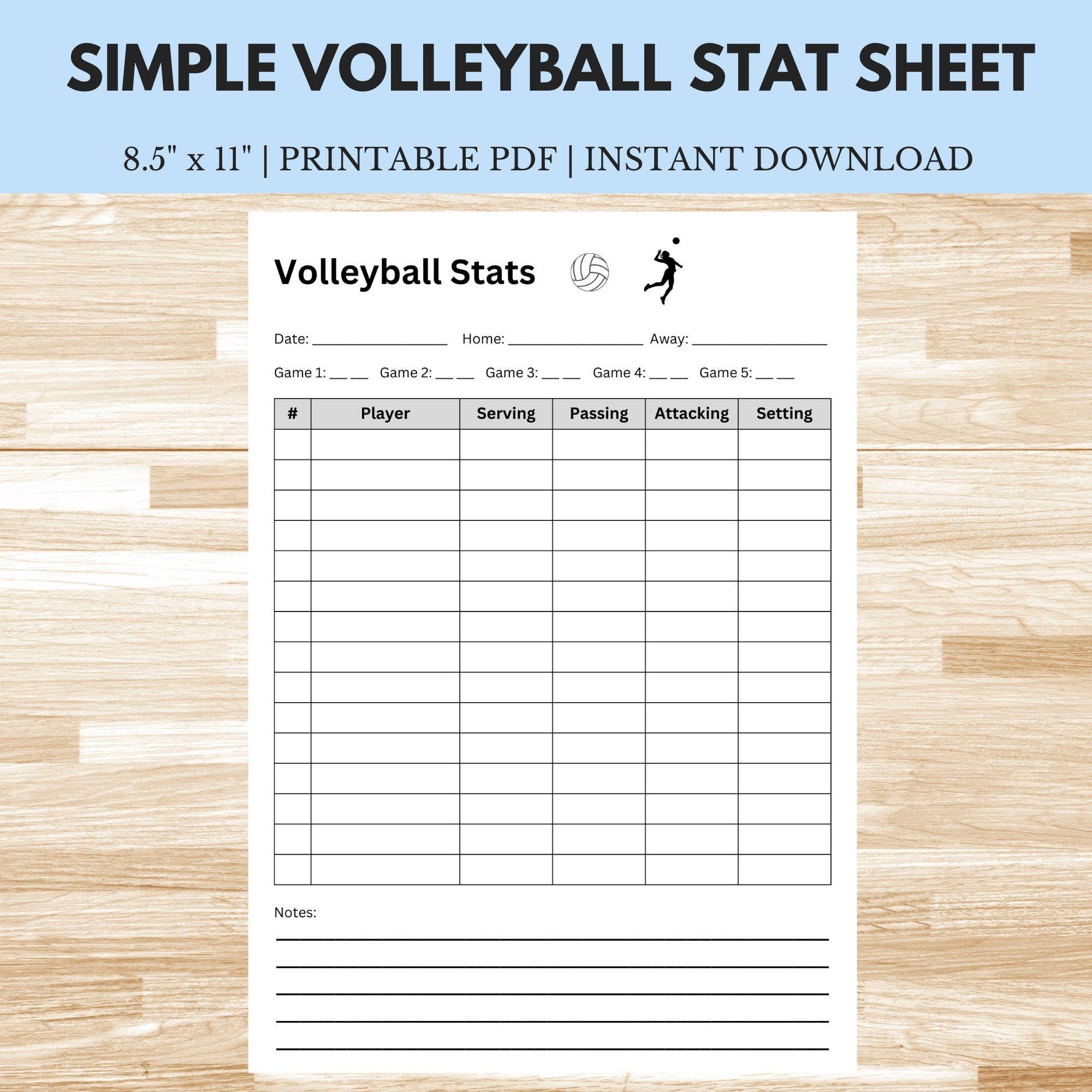 Volleyball Stats Sheet 8 5 X 11 Instant Download Printable Etsy
