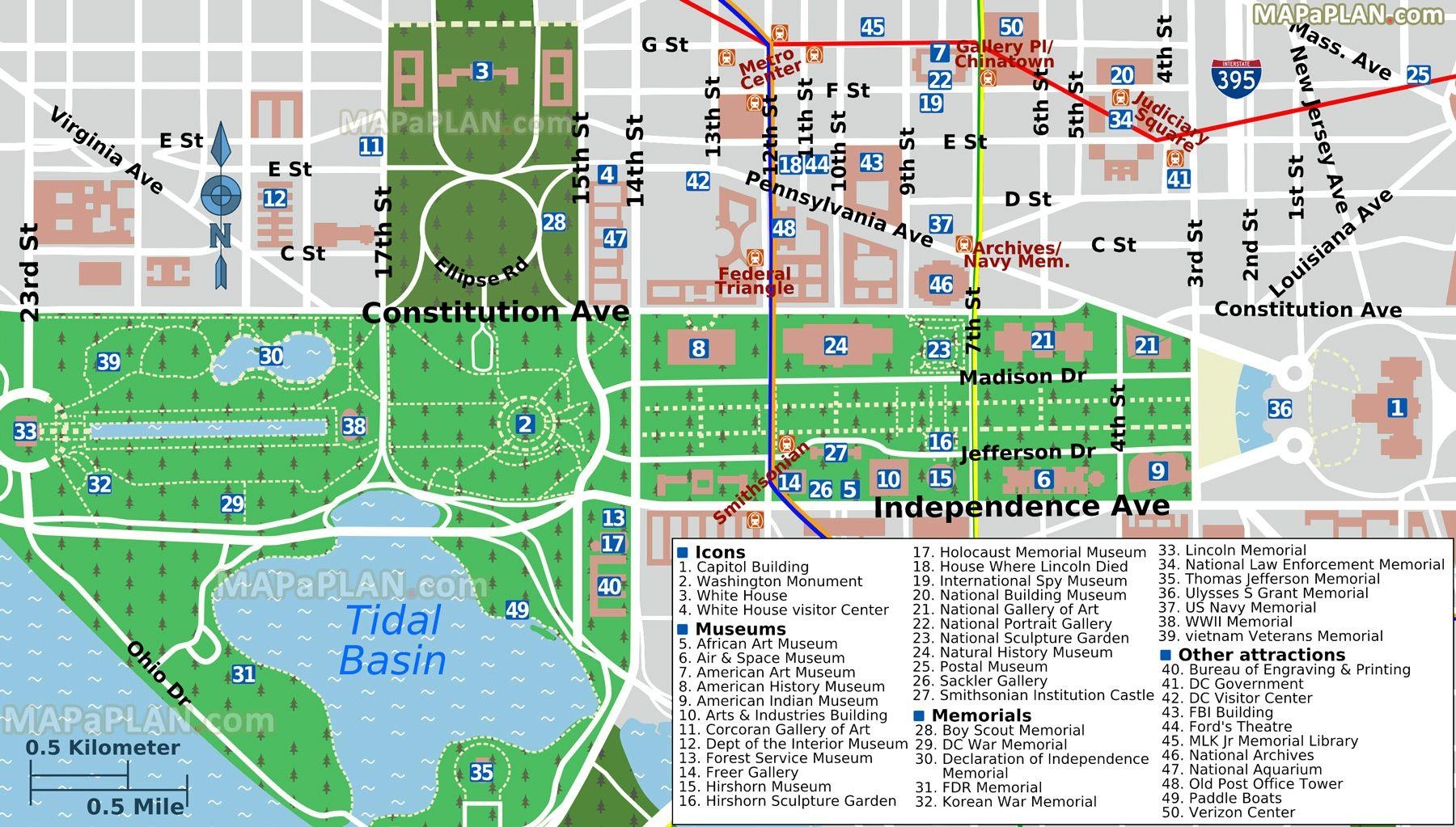 Washington Dc Main Attractions Map Map Of Washington Dc Main Attractions District Of Columbia USA 