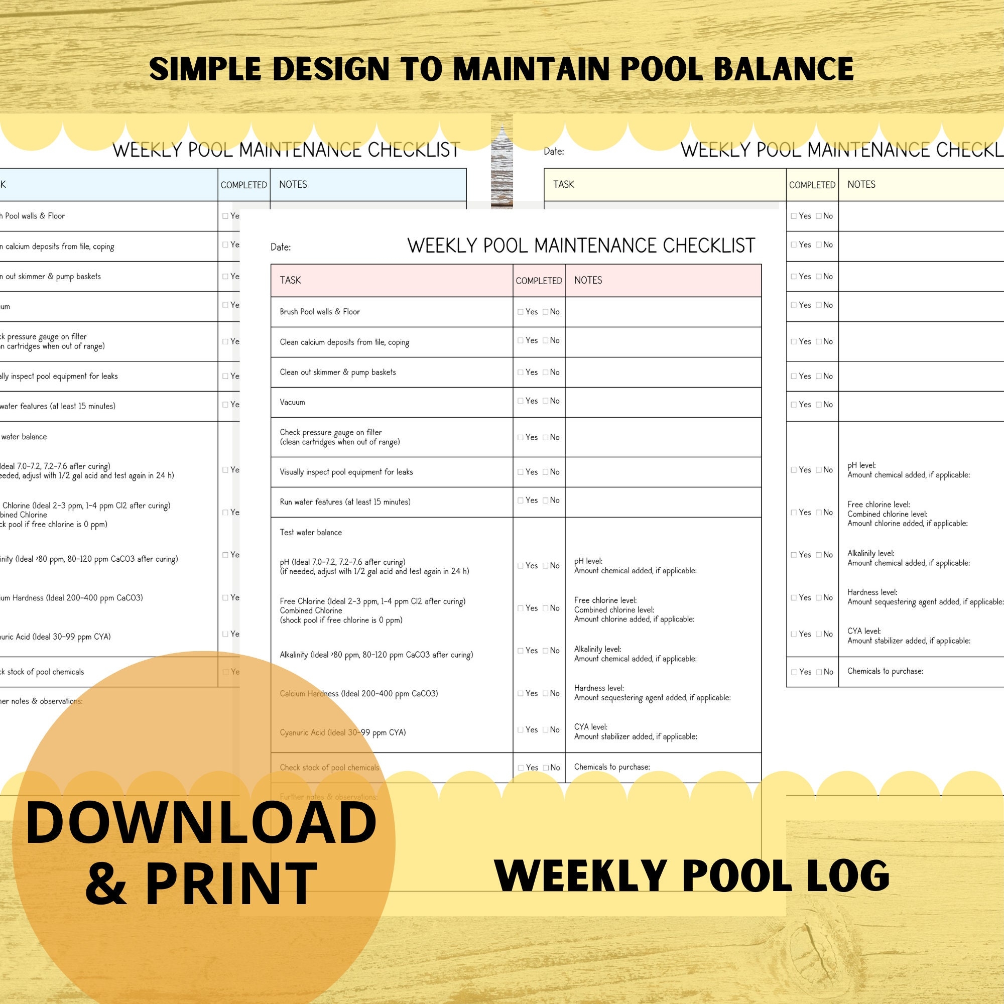 Weekly Pool Maintenance Checklist Pool Balance Journal Pool Chemical Log Printable Digital Download Etsy