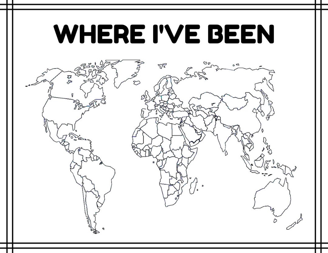 Where I ve Been A Blank Map Of The World outline Colorable Maps Printable Digital Print Coloring Sheets plus Where We ve Been Etsy