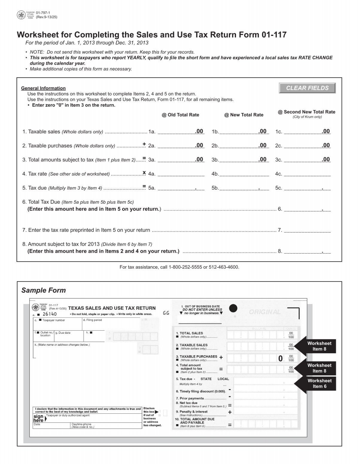 Worksheet For Completing The Sales And Use Tax Return Form 01 117