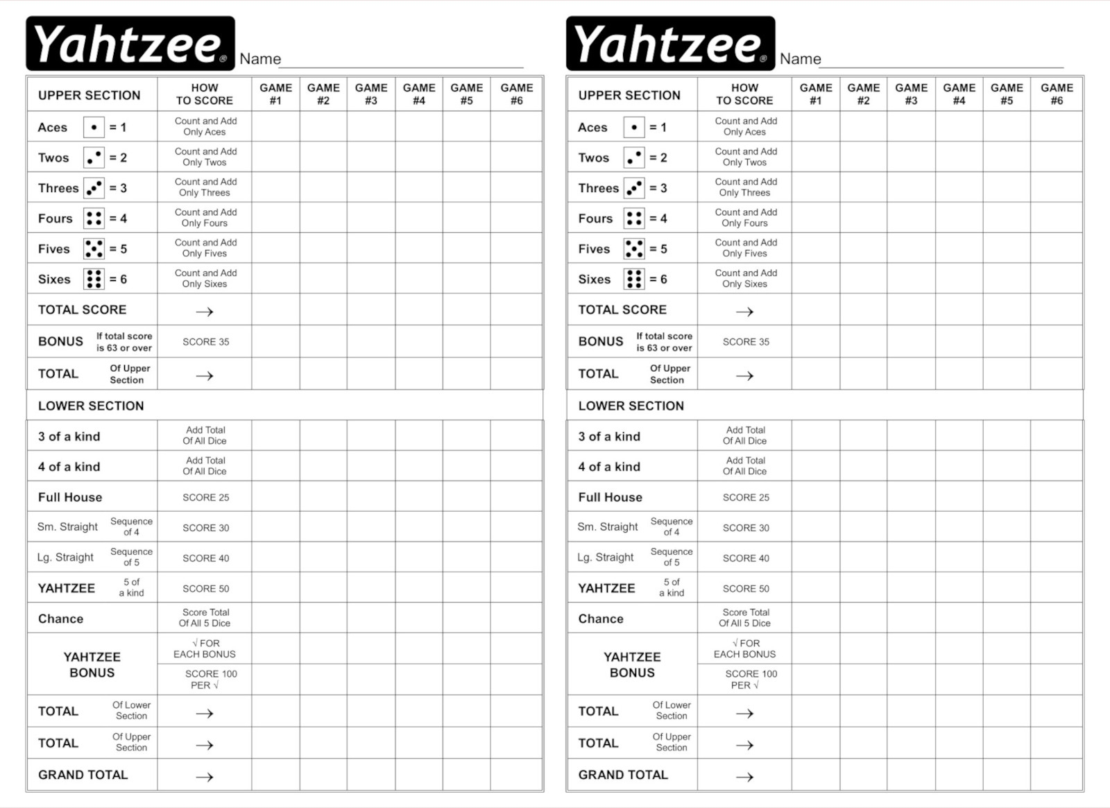 Yahtzee Score Sheets Printable Free