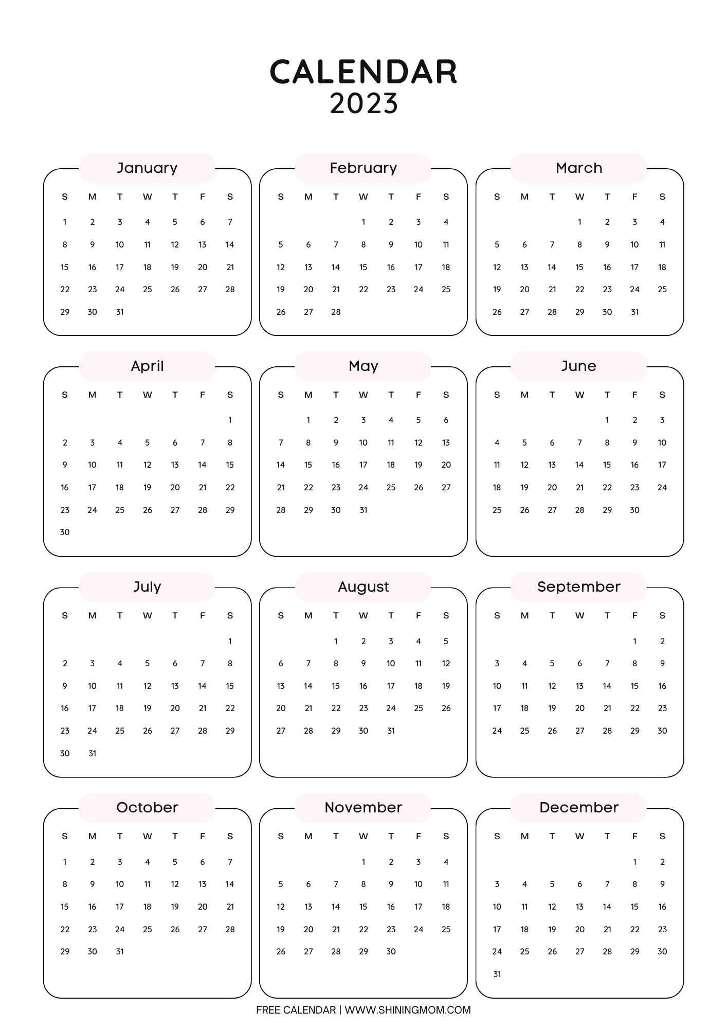 Year 2023 Calendar Free One Page Calendar Templates