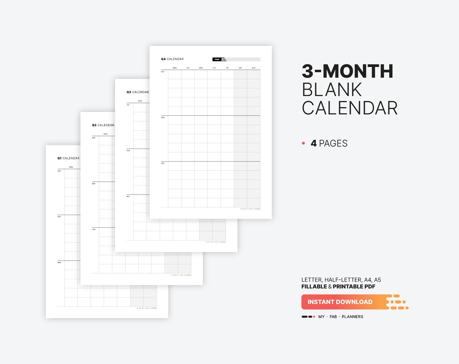 Yearly 3 month Calendar Quarterly Fillable Planner Template Yearly U0026 Monthly Wall Calendar Printable Letter Half letter A4 A5 PDF Etsy UK