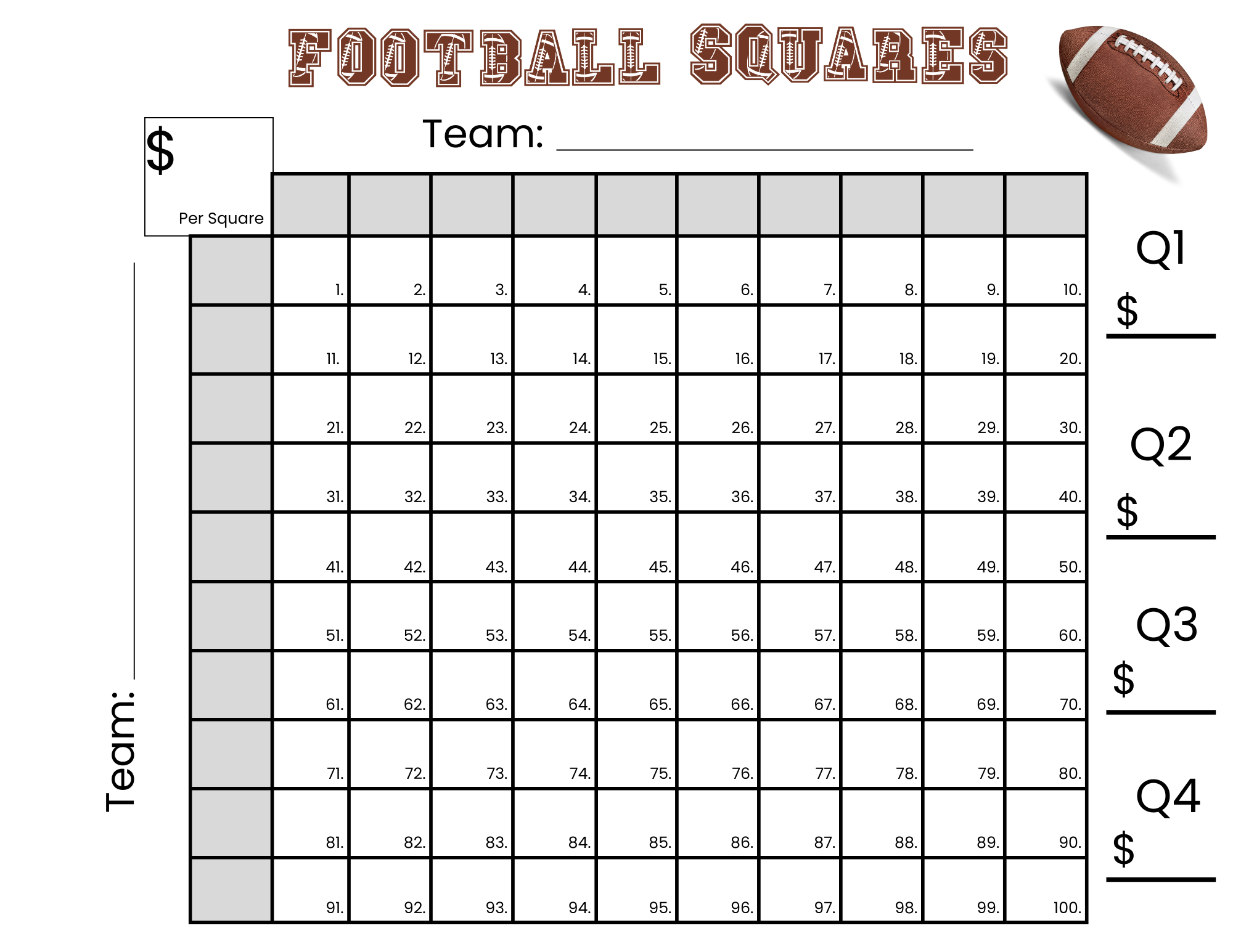 100 Football Squares Game Printable 10 10 Football Squares Instant Download 
