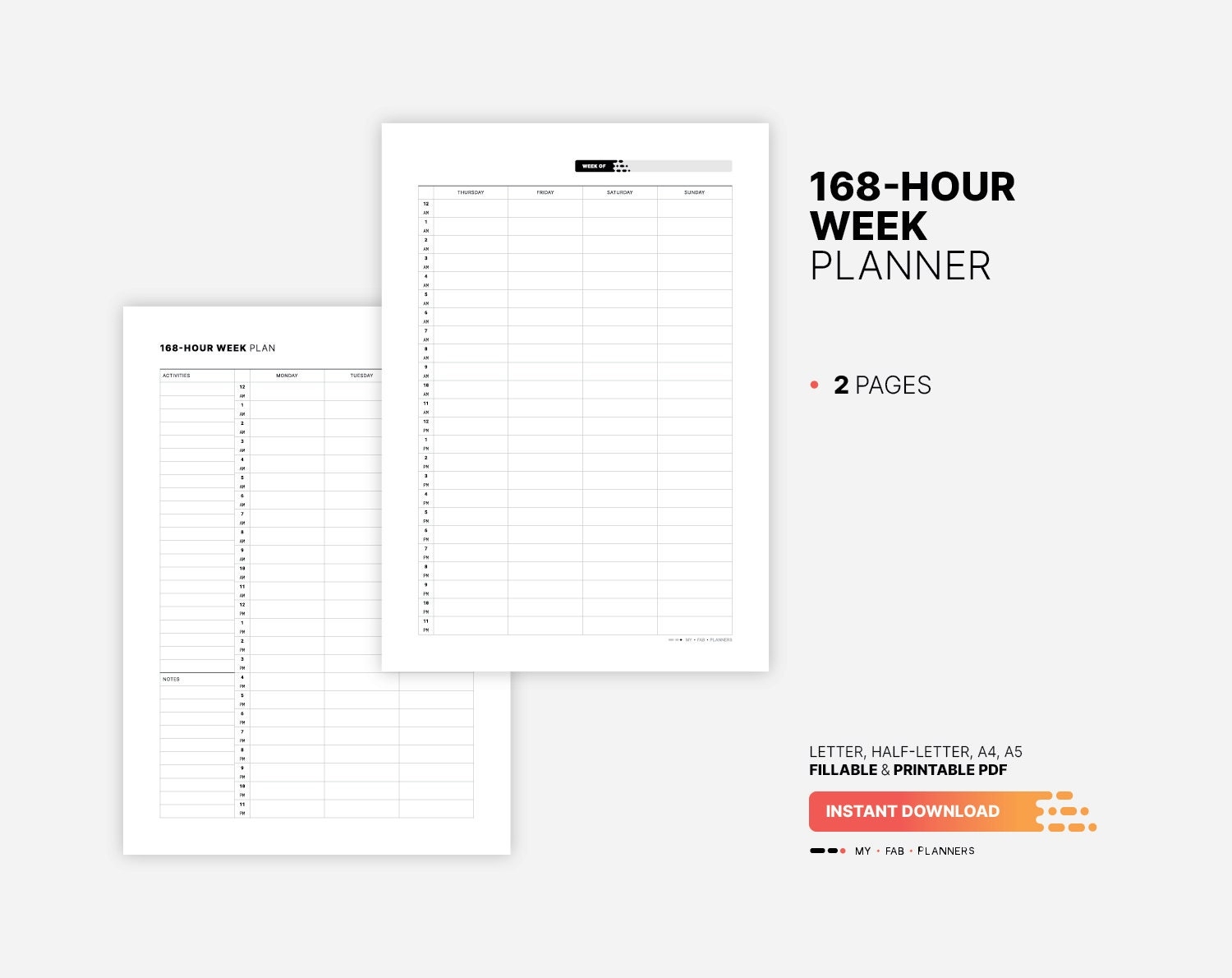168 hour Weekly Planner Printable Mindfulness Timesheet Goal Setting Fillable Adult Intentional Living Activity To Do List PDF Template Etsy