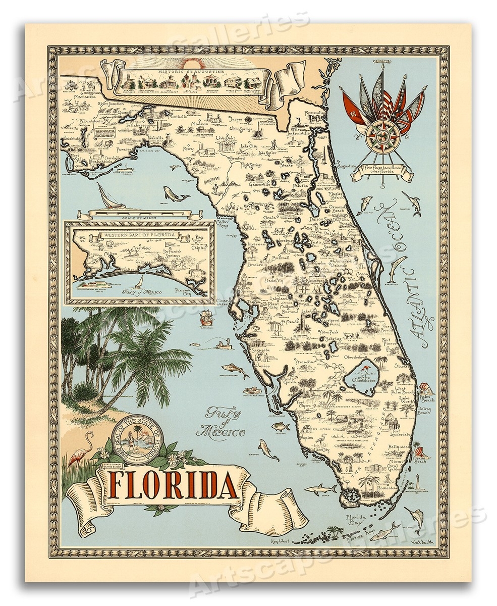 1953 State Of Florida Map Vintage Pictorial Art Print Map 20x24 1953 State Of Florida Map Vintage Pictorial Art Print Map 20x24