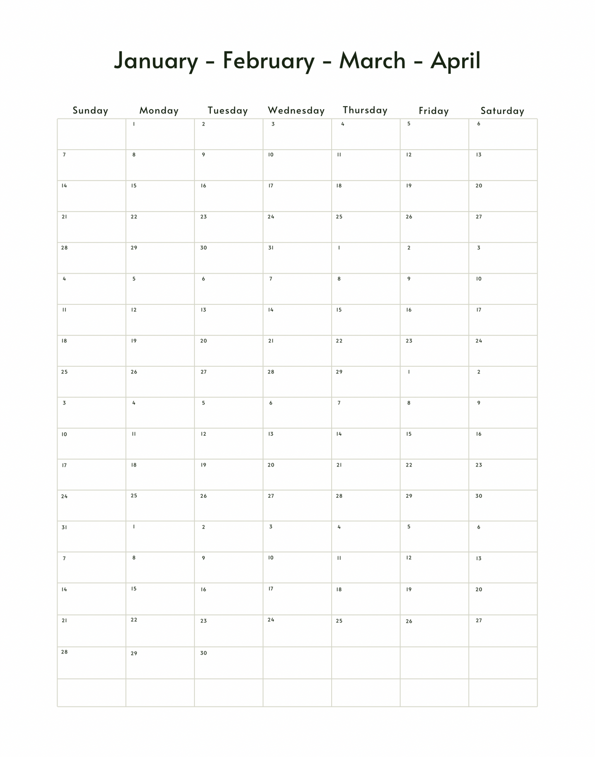 Free Printable 4 Month Calendar Free Printable 4 Month Calendar