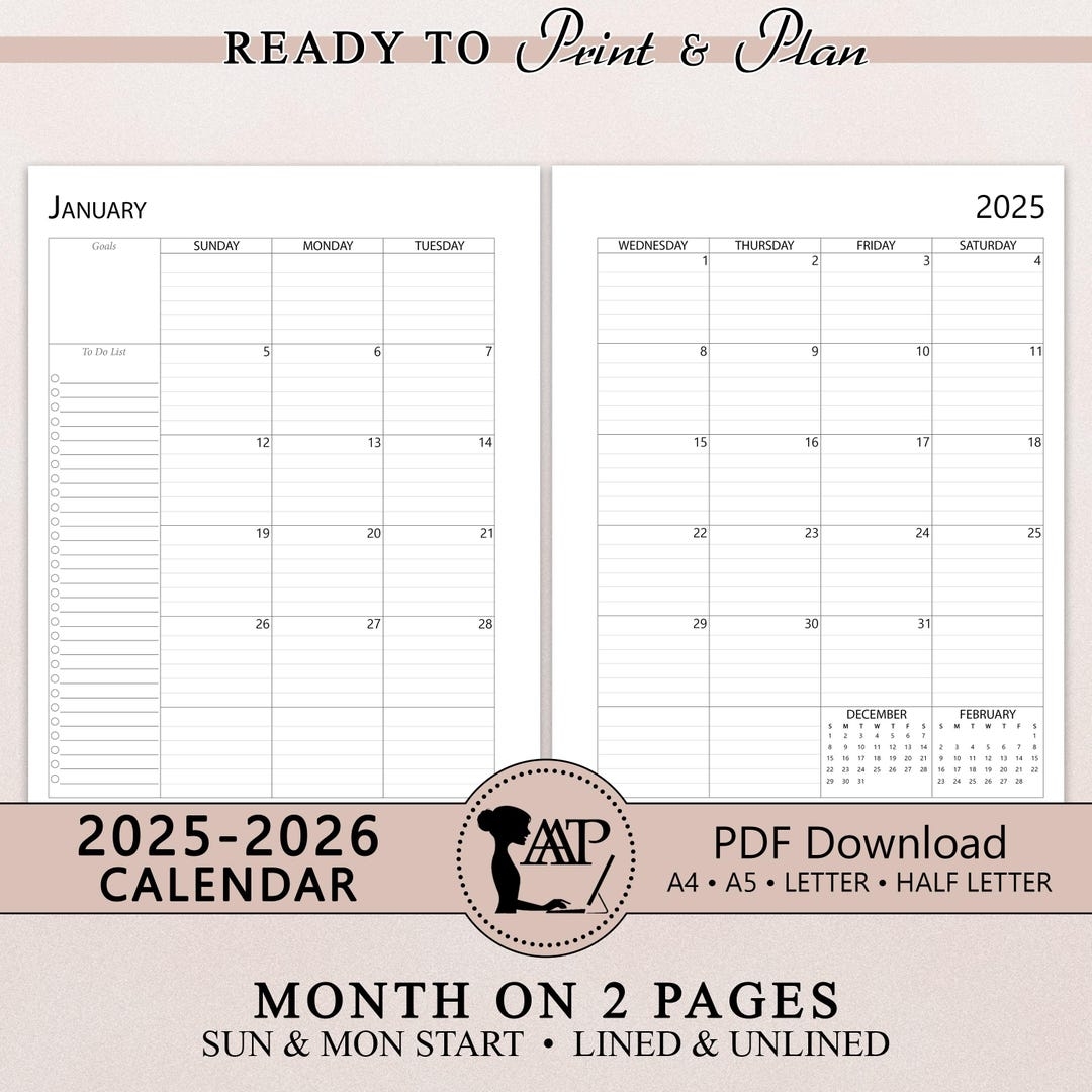 2025 2026 Monthly Calendar Printable Two 2 Page Lined Unlined Planner Insert Sunday Monday Start A4 A5 Letter Half Size PDF CLP01 02 Etsy