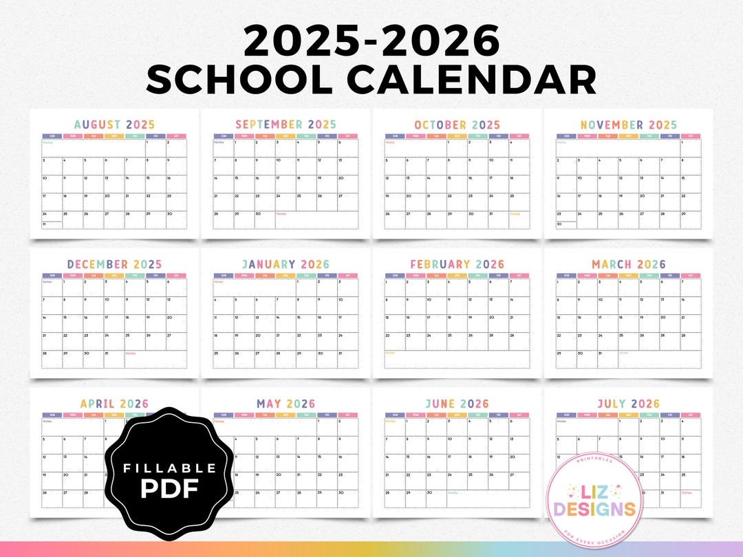 2025 2026 School Year Calendar Printable Editable Monthly Academic Calendar For Teachers Homeschool Students Yearly School Kids Calendar Etsy