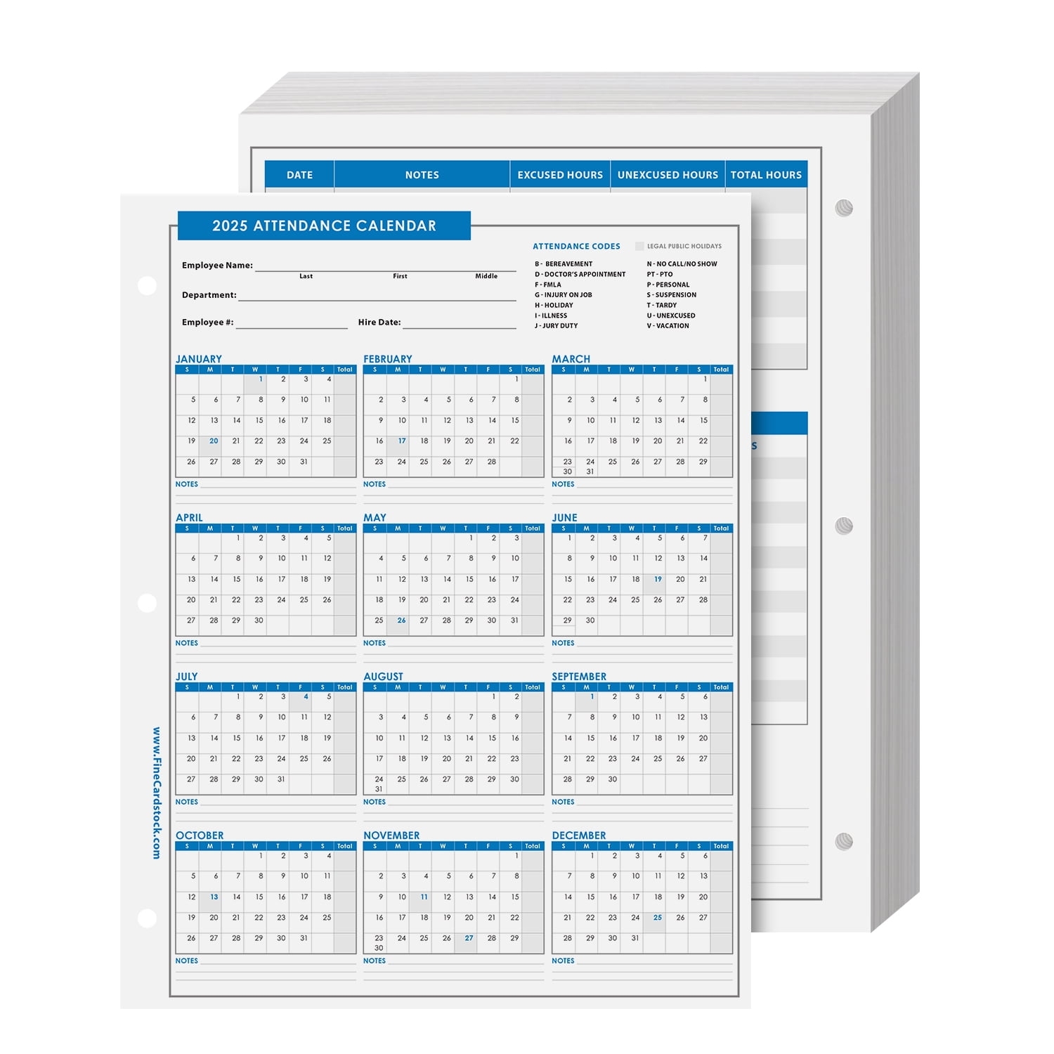 2025 Attendance Calendar Card Stock Paper Employee Work Tracker 80lb Durable 8 5X11 25 Sheets Pack Walmart