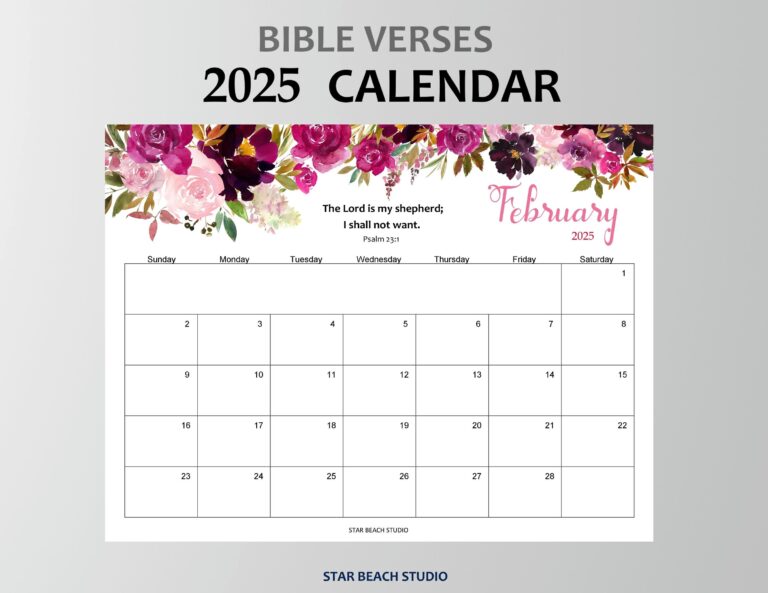 2025 Calendar PRINTABLE Psalms Bible Verse Floral Monthly Planner Christian Wall Desk Calendar Sunday Start Letter A4 Sizes Goodnotes Etsy