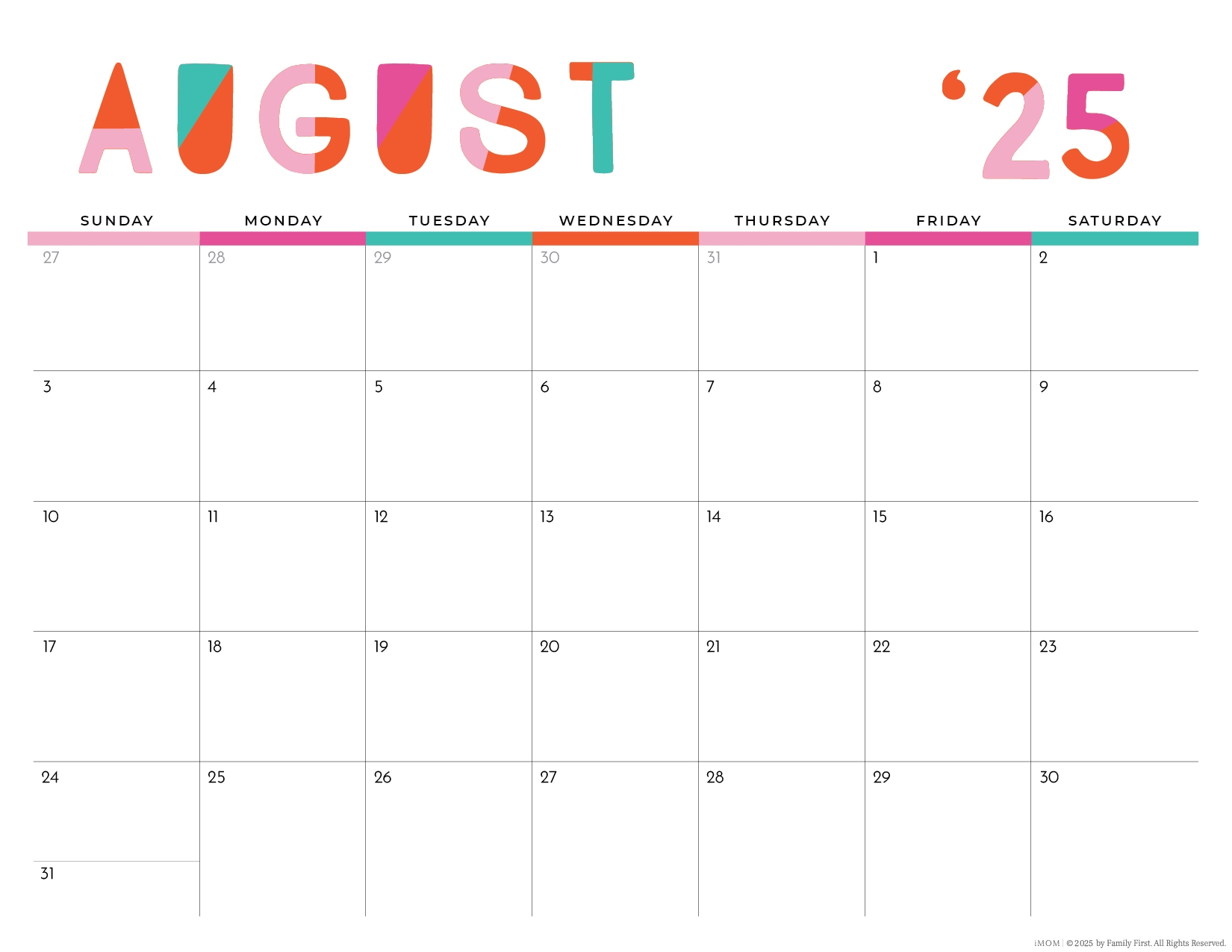 2025 Colorful Printable Calendar For Moms IMOM