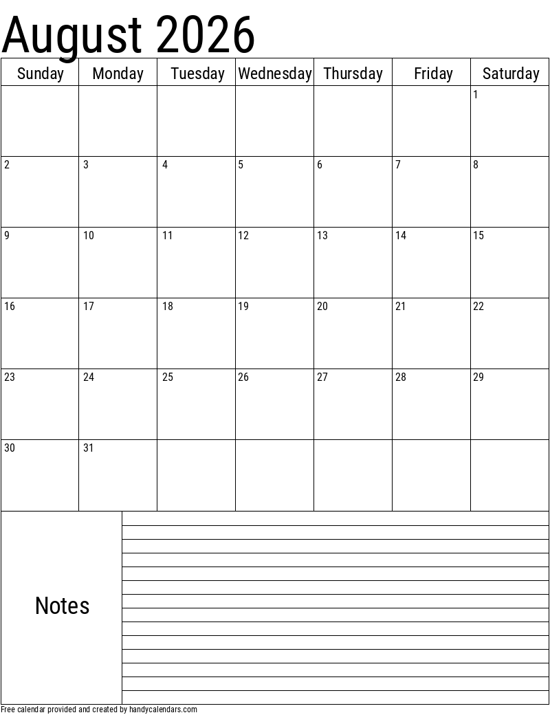 Free Printable Monthly Calendar 2026 August