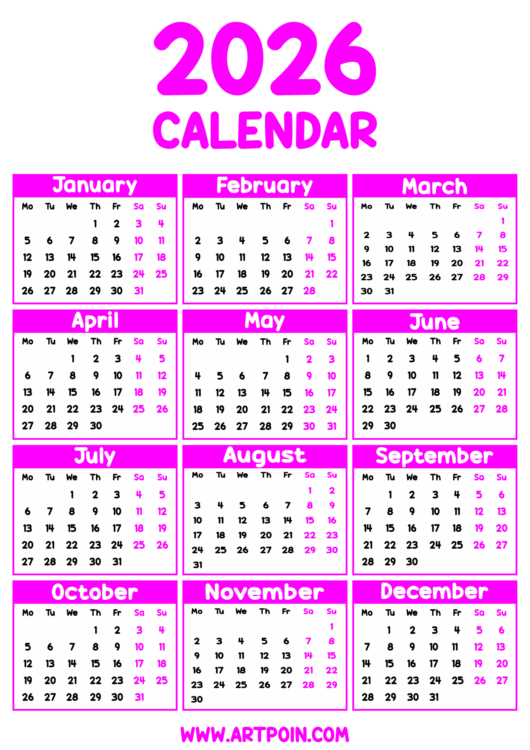 2026 Calendar Printable Pink Png